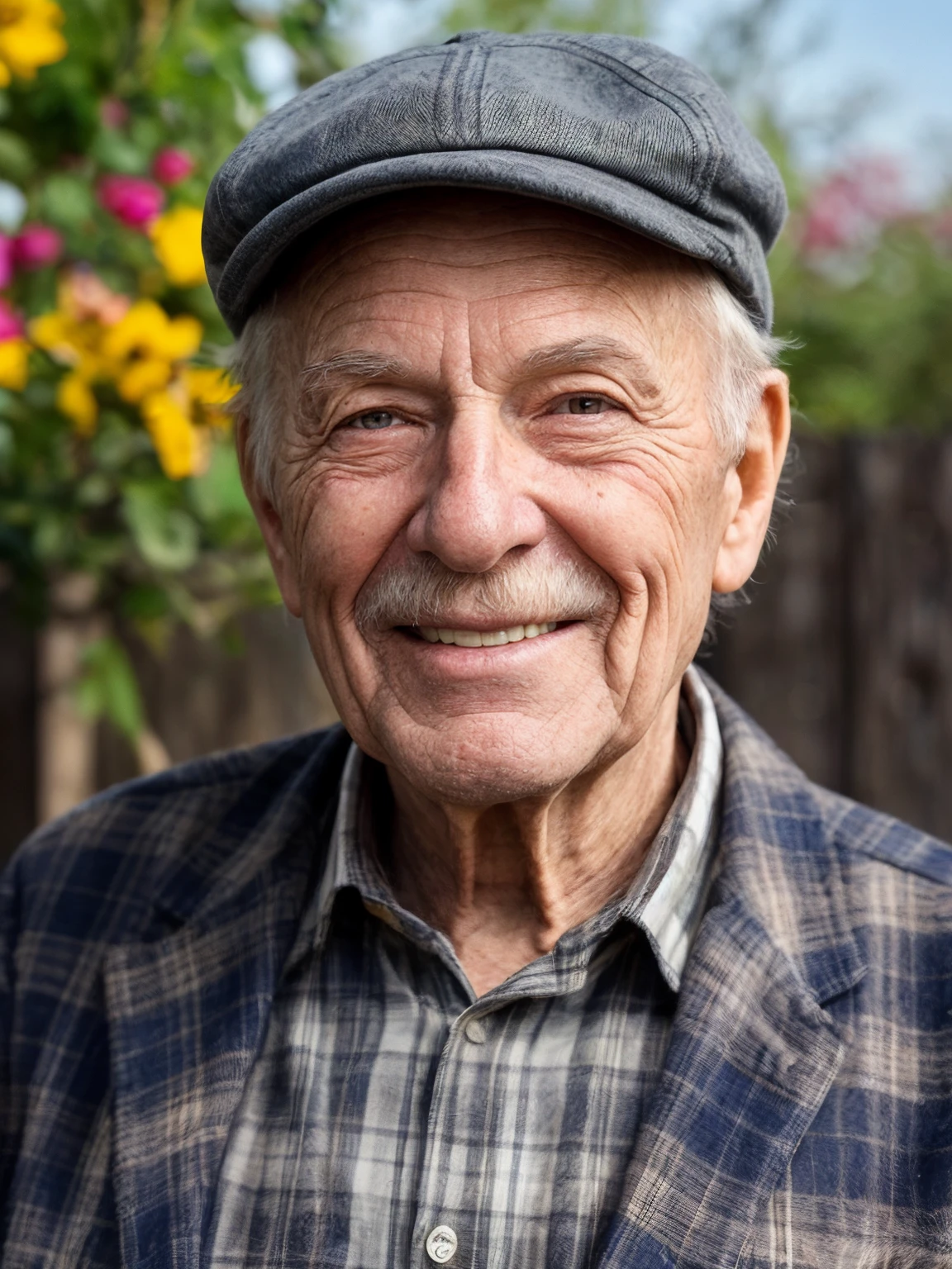 An elderly man with deep wrinkles and a kind smile. His eyes sparkle with wisdom. He wears a flat cap and a plaid shirt. Behind him, a wooden fence and blooming flowers.