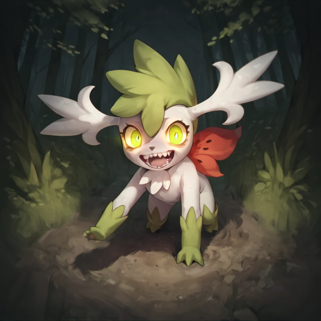 score_9, score_8_up, score_7_up, score_6_up, score_5_up, score_4_up, source_anime,  Shaymin_Poke, creature, crazy gaze, green eyes, glowing eyes, midnight, horror theme, forest