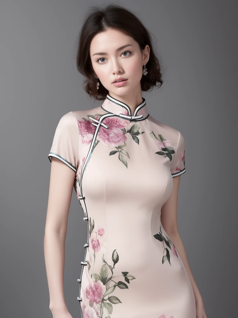 1girl,solo,perfect face,look at viewer,standing,
large breasts,china dress,chinese clothes,floral print,print dress,short sleeves,white dress,upper body,
masterpiece,best quality,highly detailed,Ultra High Resolution,32K UHD,Best Quality,Masterpiece,Masterpiece,