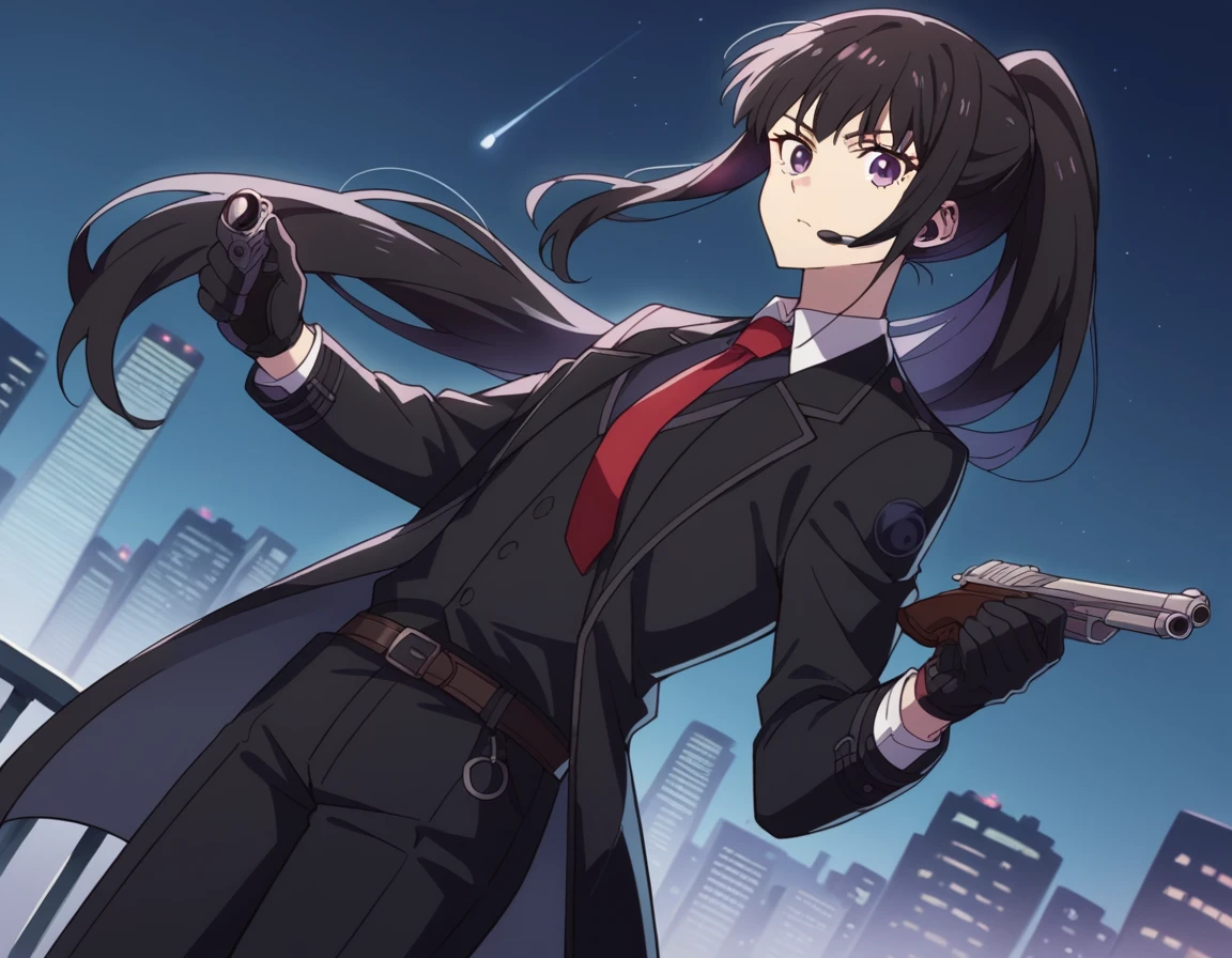 score_9, score_8_up, score_7_up, source_anime,
takinainoue, <lora:takina-inoue-s1-ponyxl-lora-nochekaiser:1>,
inoue takina, long hair, bangs, black hair, purple eyes,
ponytail, gloves, long sleeves, jacket, necktie, black gloves, collared shirt, belt, pants, vest, black jacket, black pants, formal, suit, red necktie, headset, black suit, earpiece,
outdoors, night, cityscape, gun, holding gun,
looking at viewer, cowboy shot, dutch angle, solo,