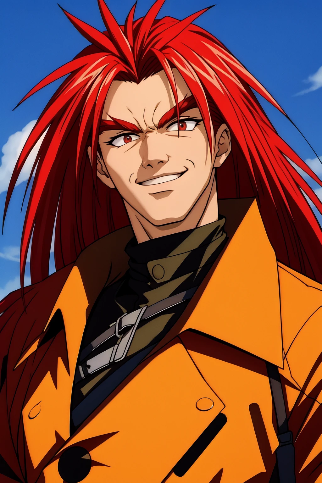 masterpiece, best quality, spiked hair, upper body, looking at viewer, smile, meadow background , vibrant colors, colorful, brown jacket,
(gaav:1.4),(red eyes:0.8), <lora:gaav-12v2:0.59>, (red hair:0.8), (long hair:1.1)