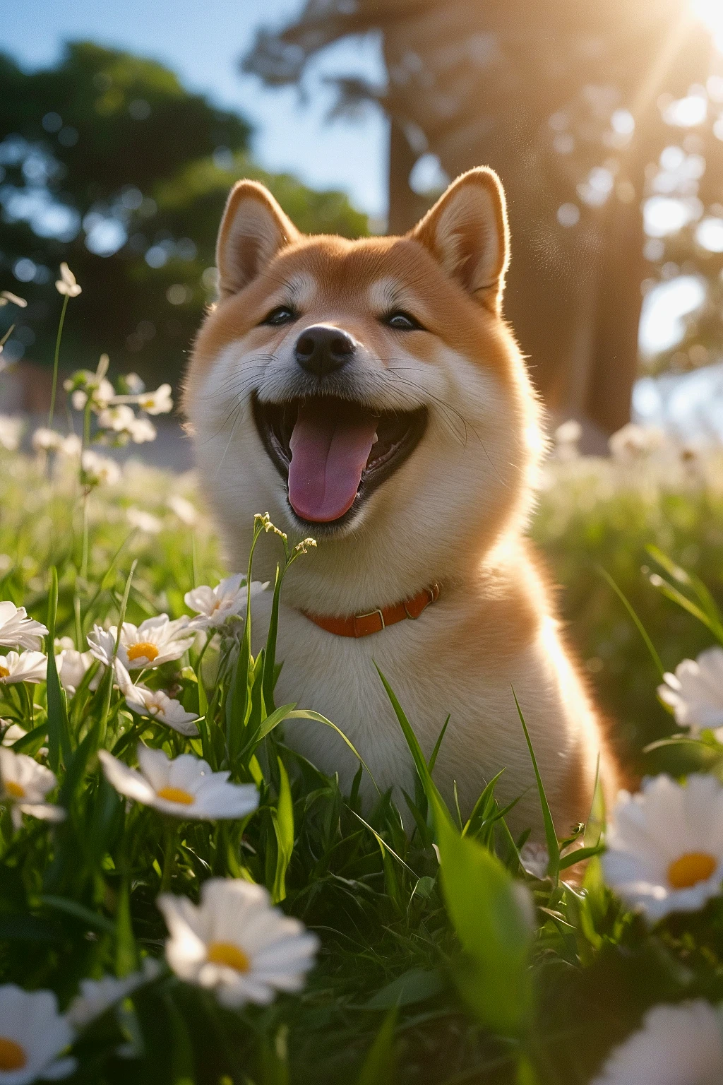 a Shiba Inu dog amidst a lush green meadow filled with white daisies. The dog appears to be joyful, with its tongue out, possibly panting or smiling. The sunlight filters through the leaves, casting a warm glow over the scene, creating a serene and peaceful ambiance.
<lora:shiba_v1:0.7>