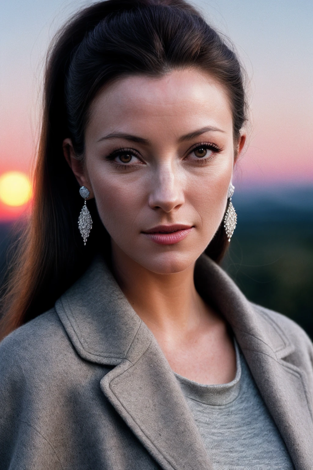 JaneS_SoloTI_v1,
(modern photo, Steel Gray Wool-blend cocoon coat in a modern geometric pattern for a chic look:1.1), closeup portrait, 85mm, (analog, cinematic, film grain, hazy atmosphere:1.3), ((outside, sky and hills background, sunset:1.2)), detailed eyes, (painted lips), (seductive),earrings, (cinematic shot:1.3),, PA7_Portrait-MCU,