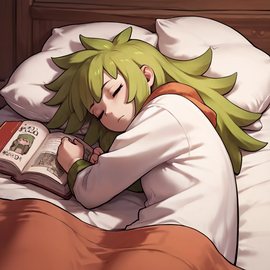 score_9, score_8_up, score_7_up, score_6_up, score_5_up, score_4_up, source_anime,  Shaymin_Human, sleeping in bed, blanket cover, open book