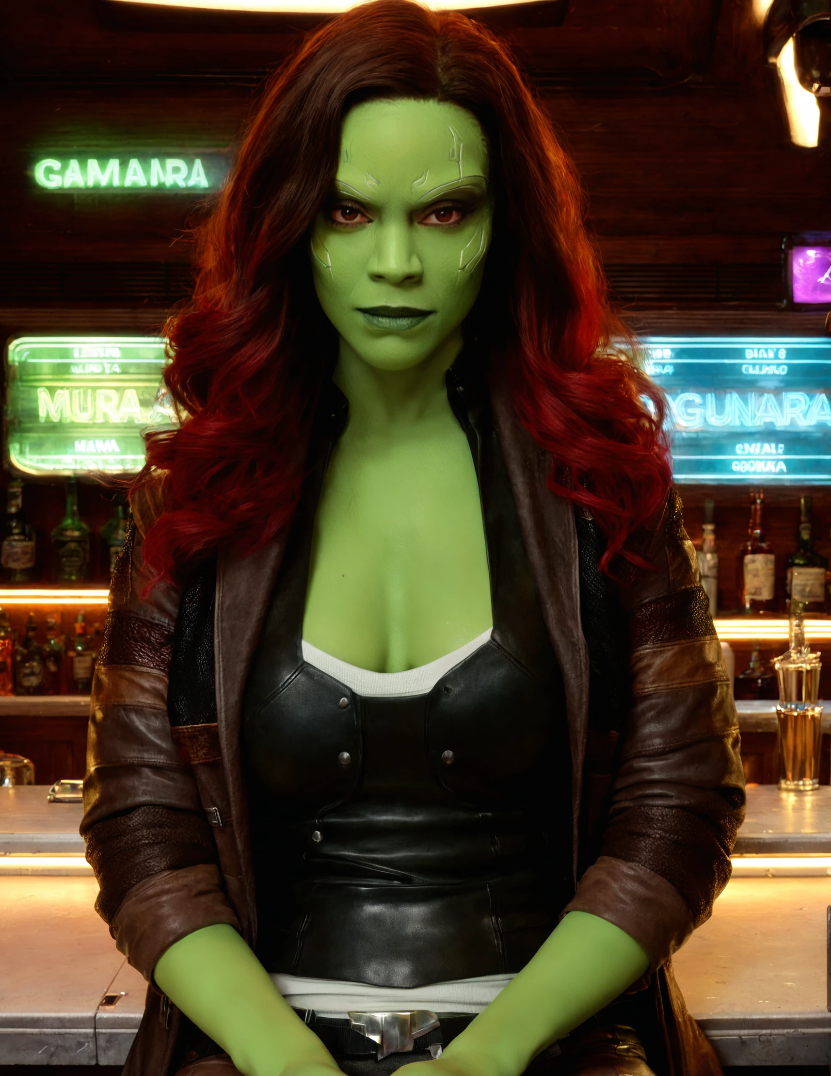 score_9, score_8_up, score_7_up,high res,high resolution,realistic,gmra woman,green skin,female,coat,vest,full body shot,pov,front view,looking at viewer,sitting in a chair in a bar from guardians of the galaxy