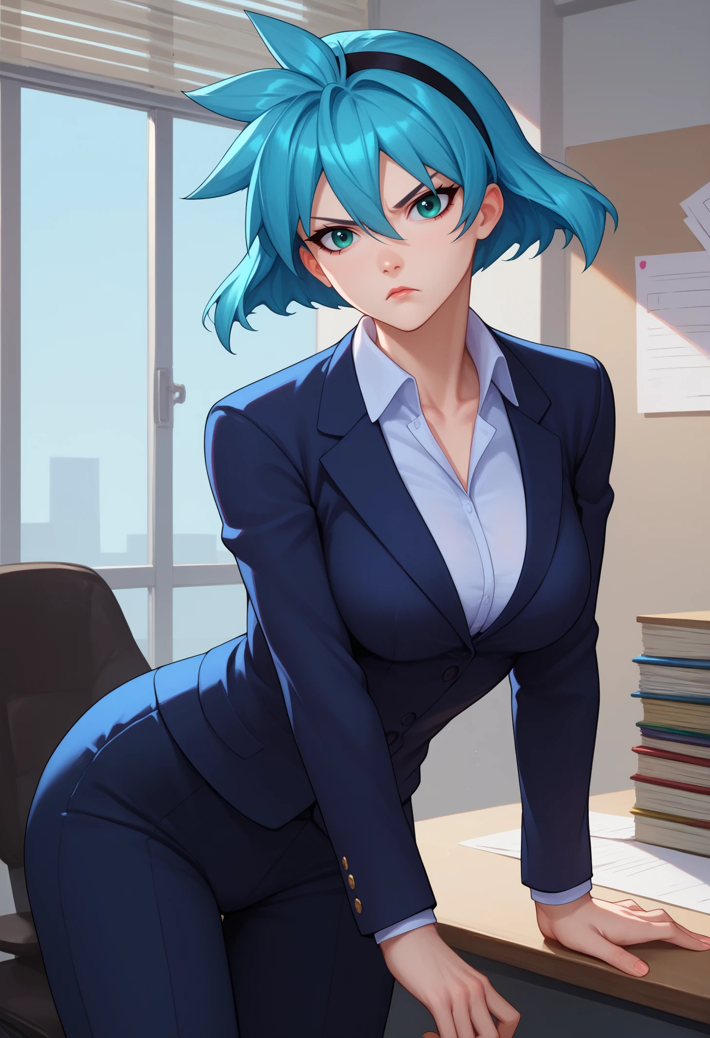 score_9, score_8_up, score_7_up, BREAK 1girl, solo, mgisb, aqua eyes, aqua hair, short hair, large breasts, <lora:MeiaGisbornPDXL_V1-Manityro-CAME:1.0>,
black headband, business suit, suit pants, 
looking at viewer, serious, toned,
indoors, office, fancy