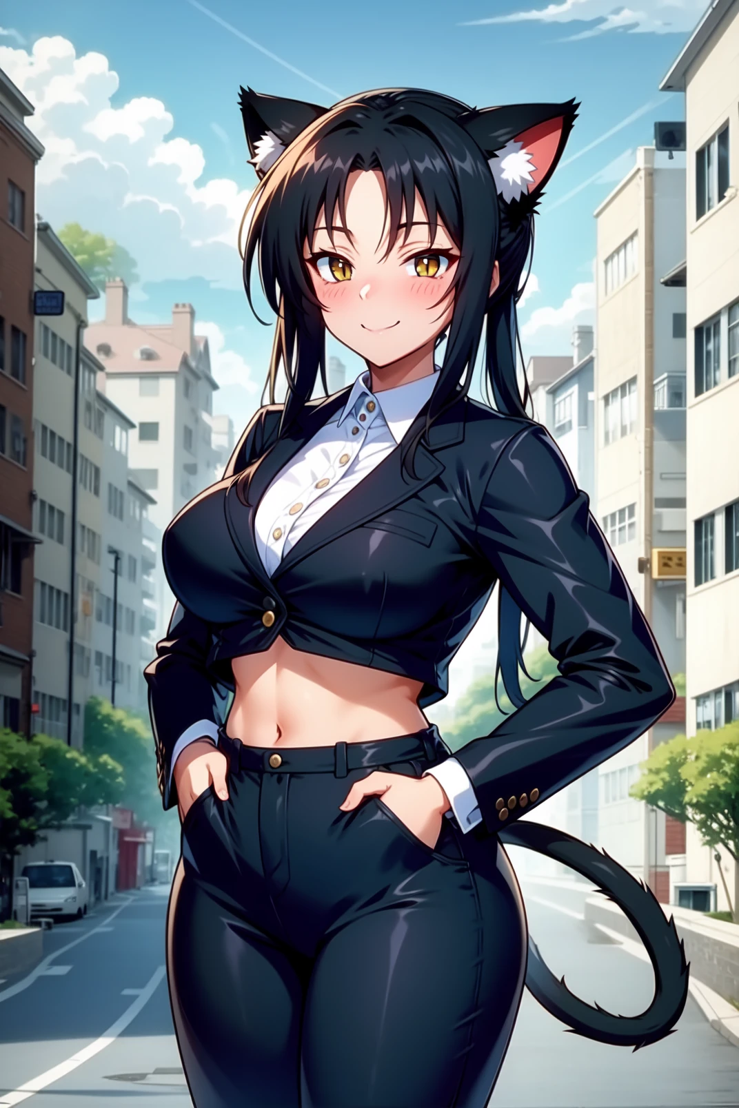 solo, masterpiece, best quality, outdoors, street, cowboy shot, standing, looking at viewer, smile, closed mouth, blush, kuroka, yellow eyes, slit pupils, black hair, long hair, parted bangs, hair rings, cat ears, animal ear fluff, cat tail, multiple tails, collared shirt, long sleeves, black pants high-waist pants, hands on pocket 