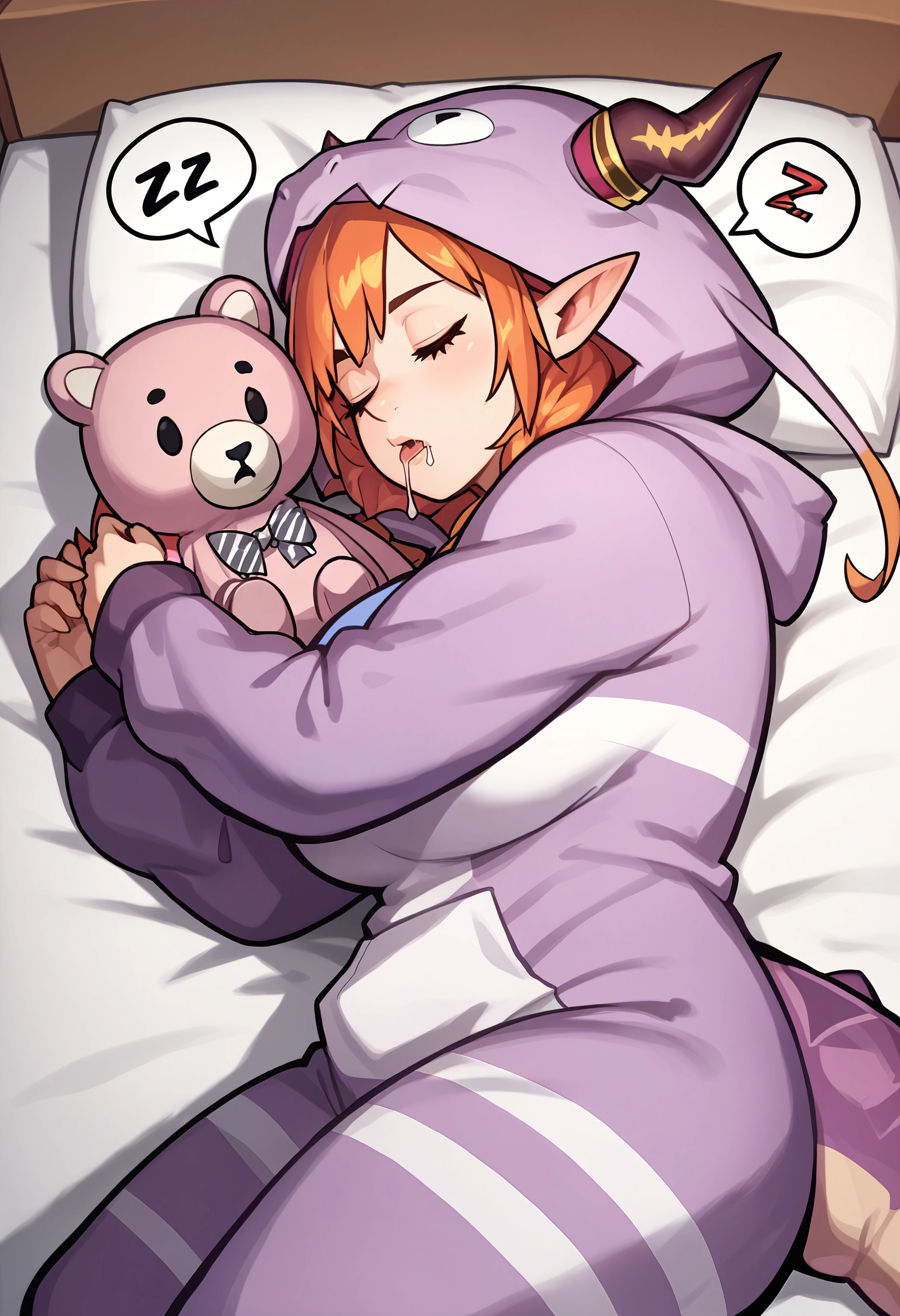 score_9, score_7_up BREAK solo, kiryudon, dragon horns, horn bow, dragon tail, diagonal-striped bow, pointy ears, animal costume, hood up, onesie,lying,on side,bed,sleeping,drool,spoken zzz,large breasts,stuffed toy,upper body <lora:spkiryuCocoXLPony:0.8>