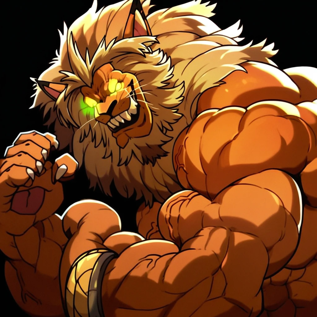 score_9, score_8_up, score_7_up BREAK Beast King, anthro lion, muscular male, 1boy, solo, looking at viewer, smile, teeth, jewelry, flexing muscles, topless male, glowing eyes, large veiny muscles, large pectorals