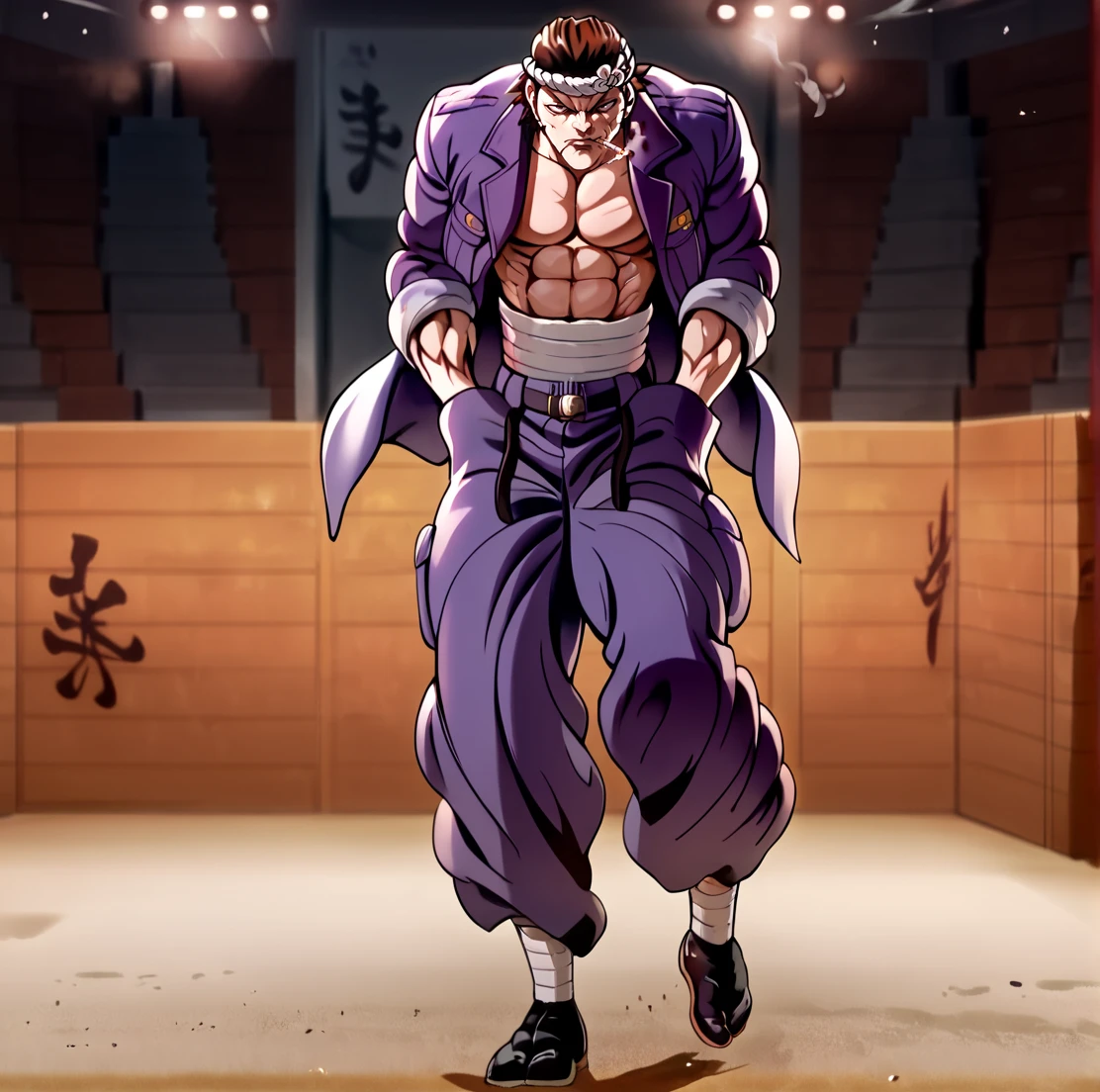 score_9, score_8_up, score_7_up, score_6_up, score_5_up, score_4_up,
<lora:Kourakuen_Underground_Arena_for_PonyXL:0.7>, bakiar3na, fighting arena, indoors , <lora:Shiba_Chiharu:0.8> sh1bachiharu, male focus, 1boy, headband, topless male, jacket, hands in pockets, , cigarette, hachimaki, sarashi, solo,