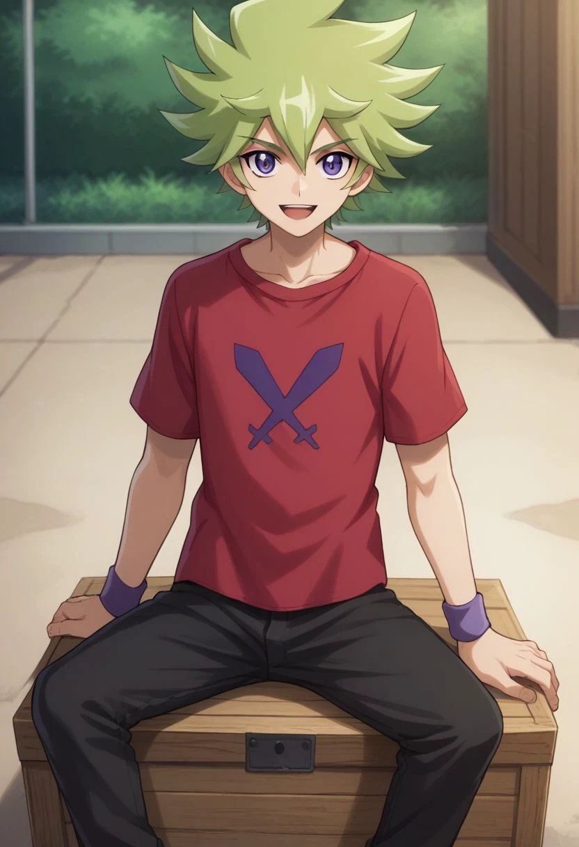 score_9, score_8_up, score_7_up, source_anime, 
roa, 1boy, male focus, solo, green hair, shirt, smile, open mouth, looking at viewer, purple eyes, spiked hair, wristband, pants, hair between eyes, red shirt, bangs, t-shirt, short sleeves,
outdoor, sit, sit on crate,