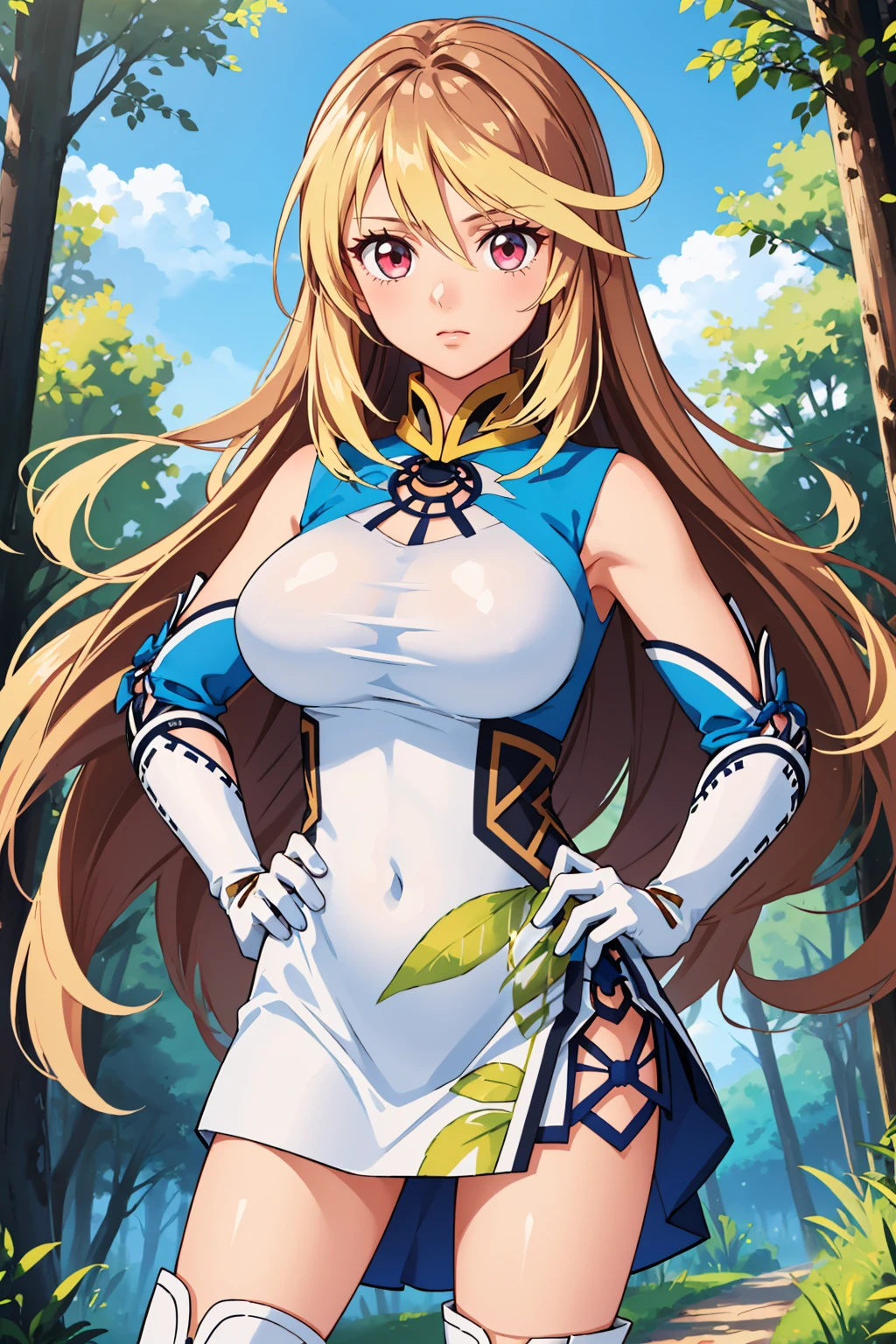 masterpiece, best quality, 1girl, <lora:toxmilla-nvwls-v1-000009:0.9> tox2milla, multicolored hair, ahoge, white and blue dress, short dress, elbow gloves, white gloves, large breasts, white boots, hand on hip, looking to the side, blue sky, wind, trees, forest