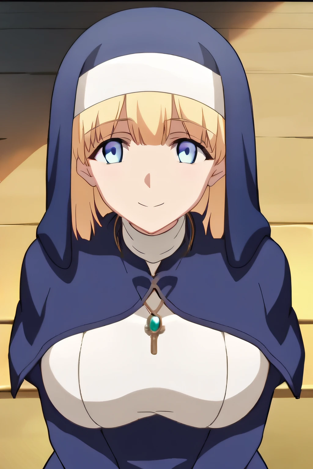 score_9, score_8_up, score_7_up, source_anime, rating_safe, intricate details, anime screencap, official style, <lora:Tianne_Ruthheim:1>, tianne, blue eyes, nun, habit, capelet, turtleneck, white shirt, large breasts, looking at viewer, smile, from above, upper body, frontal view