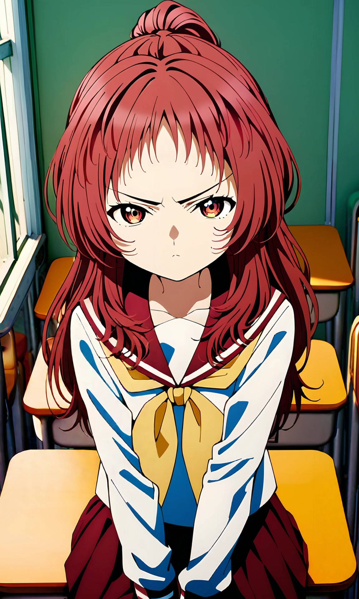 (masterpiece), (best quality), highres, general, (intricate details, very aesthetic), good hands, 1girl, <lora:ai_mie_AnimagineV1:1>, miewz, red eyes, red hair, long hair, serafuku, sailor collar, yellow neckerchief, white shirt, school uniform, red skirt, pleated skirt, leaning forward, upper body, sitting, school desk, school chair, ponytail, adjusting hair, v-shaped eyebrows, looking at viewer, classroom, <lora:sd_xl_dpo_lora_v1:1>