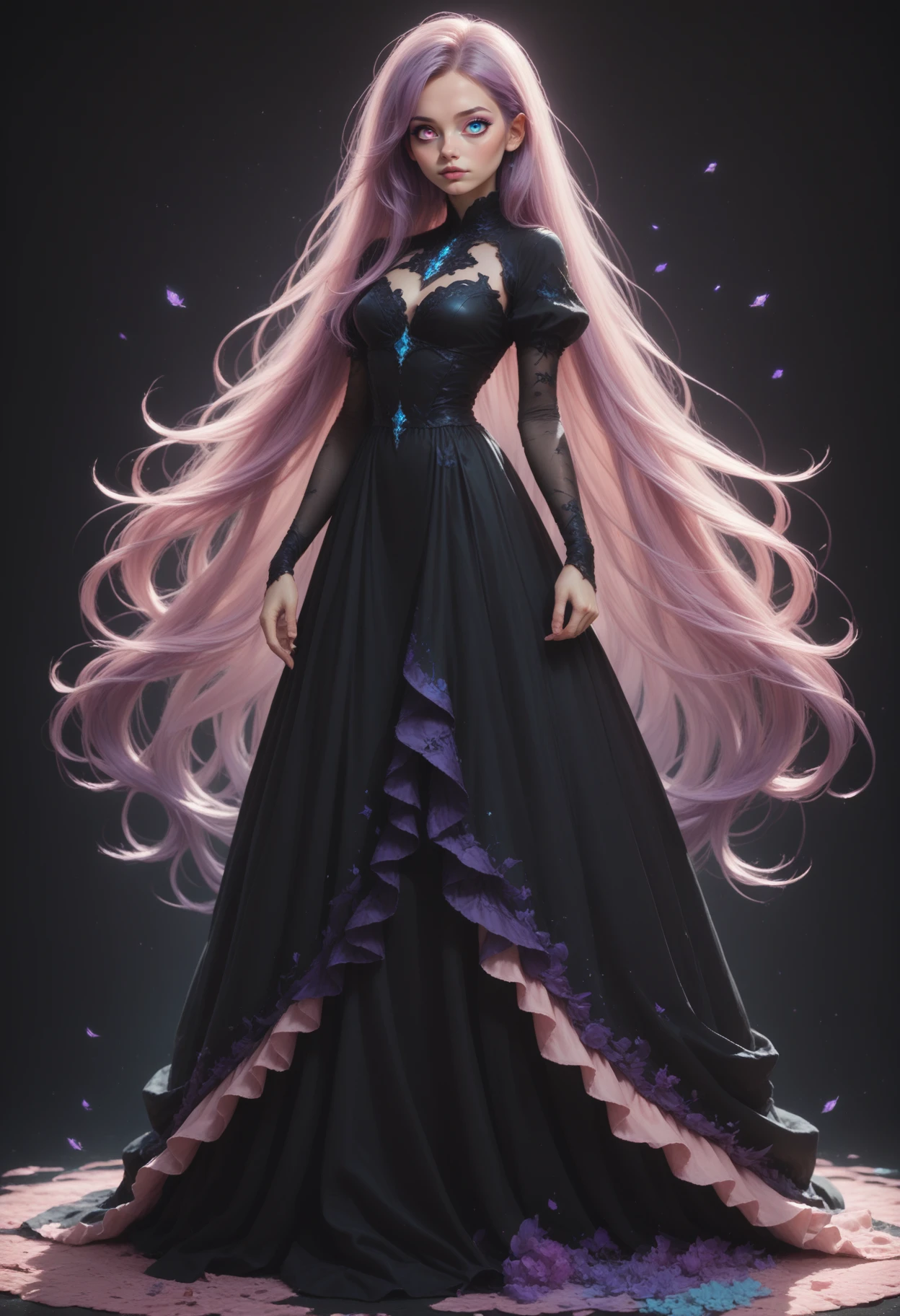 score_9, score_8_up, score_7_up,
1girl, solo, full body, purple hair, very long hair, black dress, blue eyes, heterochromia, right eye pink,
<lora:Dark_Heterochromia_Pony_v0.2:0.7>