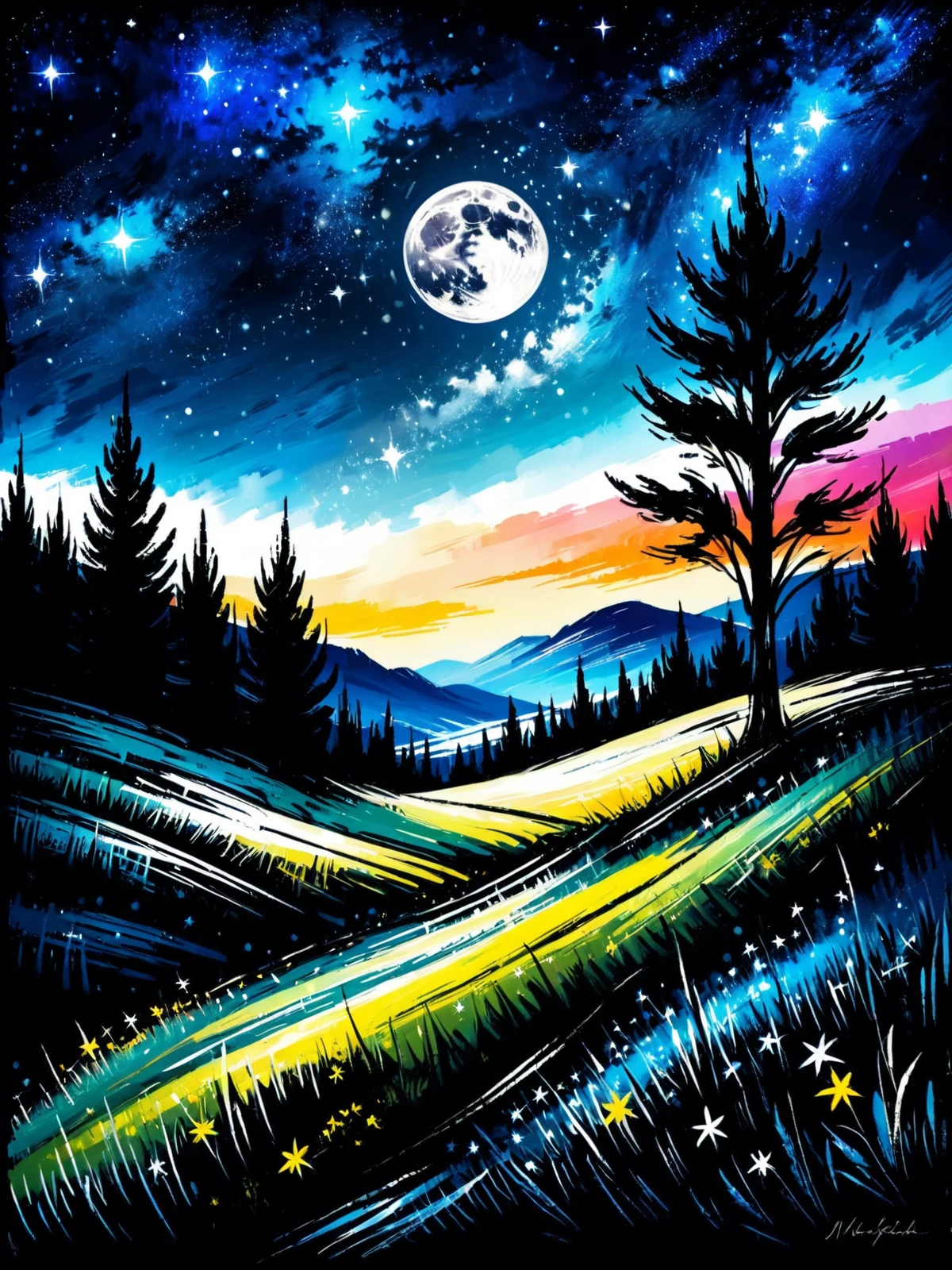 serene meadows in the moon light, starry sky, colorful mad-nksktch<lora:Ink_Sketch_SDXL:1.0>, (masterpiece:1.2), best quality