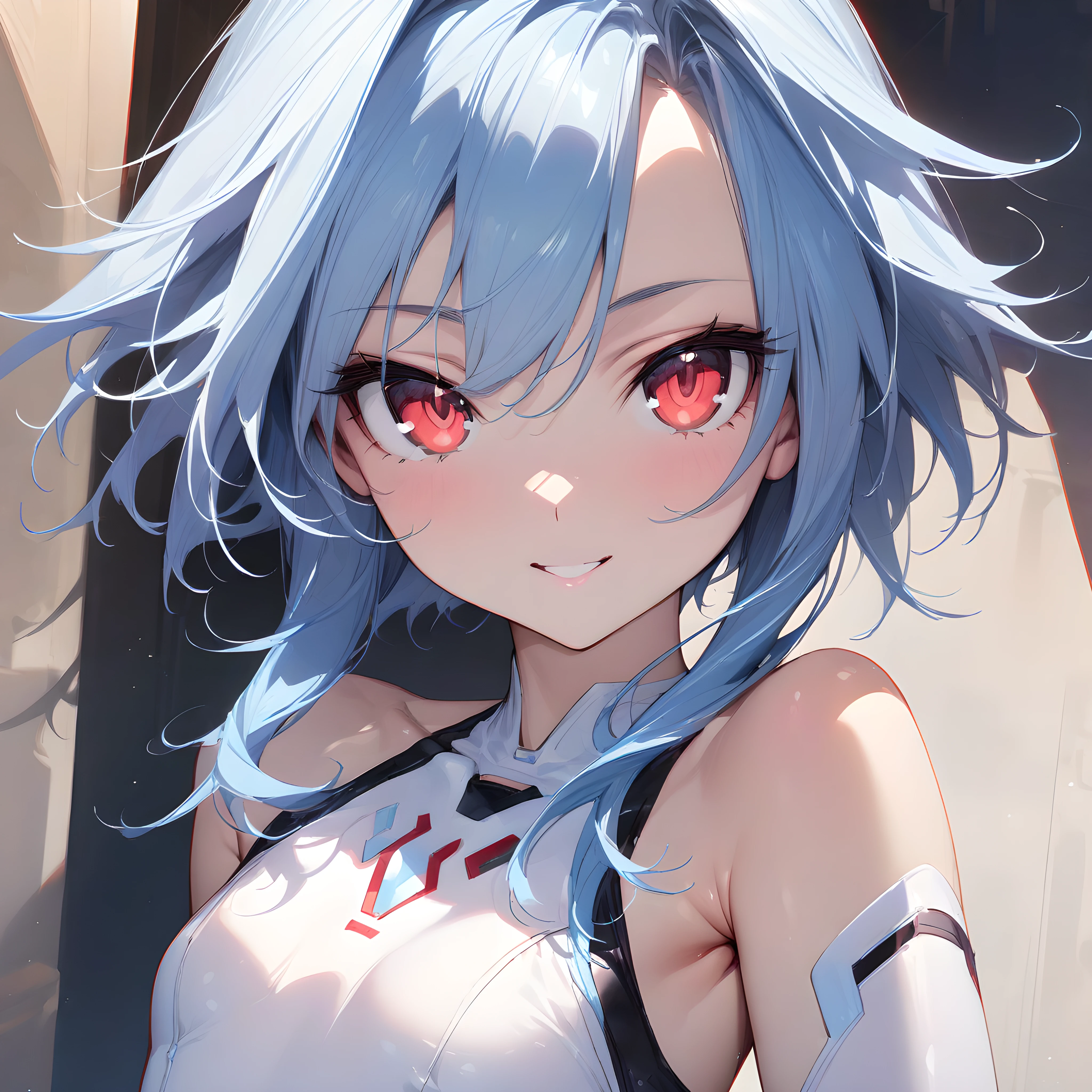 (masterpiece),(best quality),(ultra-detailed),(best illustration),(best shadow),(absurdres),(detailed background),(very aesthetic), white heart, flat chest, red eyes, white hair, blue hair, red eyes, symbol shaped pupil, power symbol, elbow gloves, gloves, very close-up, portrait, leotard, seductive smile, looking at viewer, <lora:XL-WhiteHeart:1>