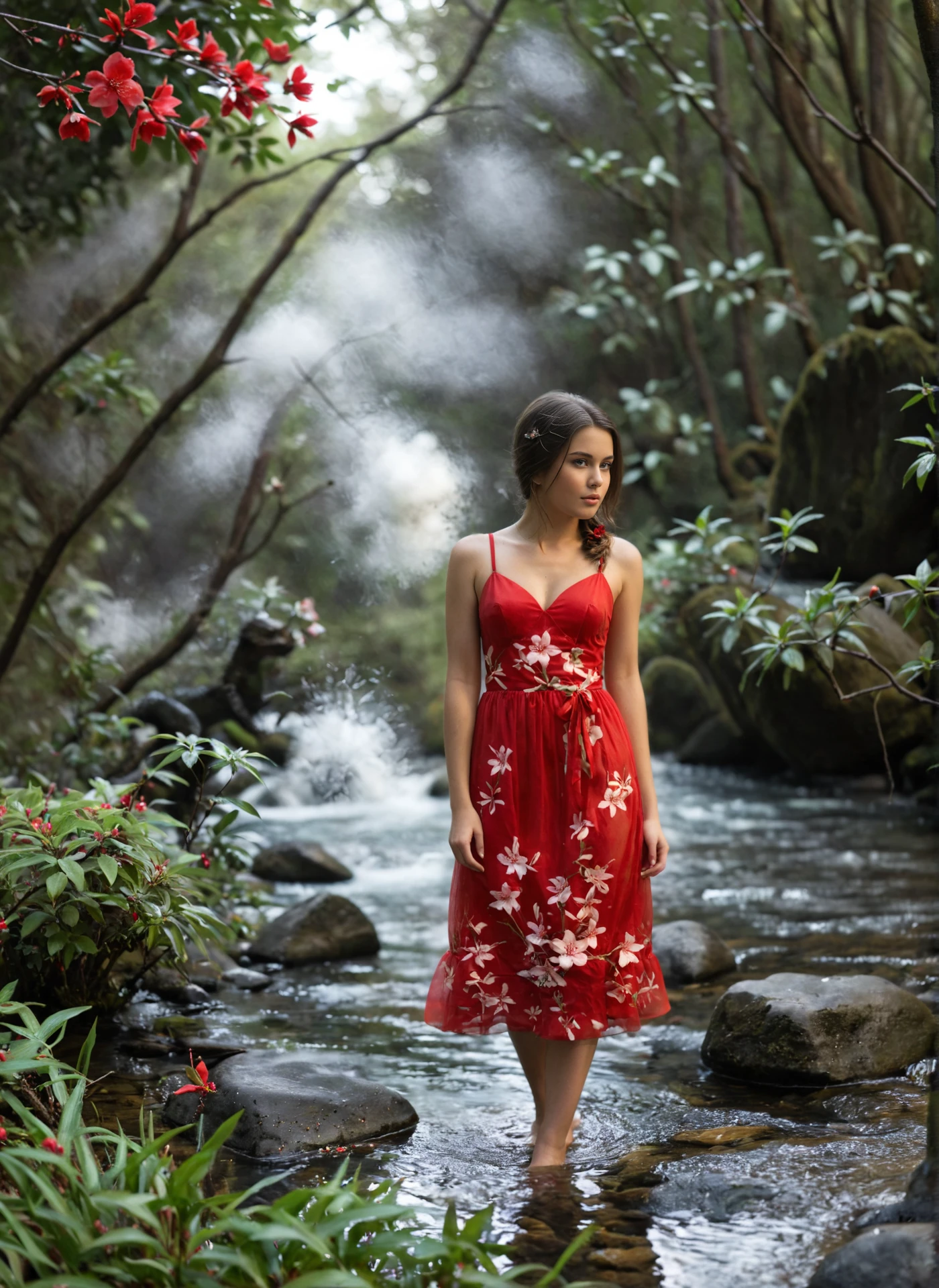 arafed princess in a red satin ballgown and high heels sitting in a stream, girl wears a red dress, wearing a flowing dress, beautiful maiden, flowing dress, flowing gown, beautiful fantasy maiden, fantasy photoshoot, sparkling in the flowing creek, wearing a red dress, dressed in a beautiful, fantasy dress, fantasy beautiful, wearing a magnificent dress, ruby necklace tiara and earrings, wet hair (((drenched))) (((soaked))) (((disheveled))) (((clinging)))