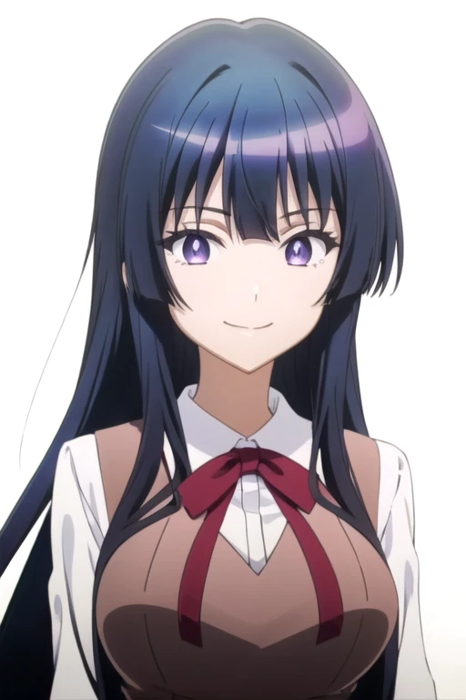 solo, 1girl, looking at viewer, 2D, anime, official style, anime coloring, anime screencap, upper body, (simple background, solid white background:1.3), <lora:thea-spyclassroom:0.8>, thea, school uniform, white shirt, vest, ribbon, smile