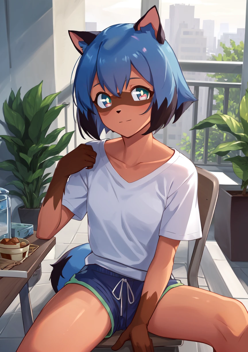 masterpiece, best quality, highly detailed, detailed background,highly detailed face, (highly detailed eyes:1.2), <lora:Michiru_V2.2N_130Img_better_fur:0.8>,1 girl, raccoon girl, solo, furry,furry female, michiru_kagemori, blue hair,short hair, multicolored eyes, animal nose,animal ears, (tail), [bushy tail], two tone skin, brown colored hands, home balcony, city view, small table, balcony chair, houseplants, fresh air, morning, breeze, soft sunlight, calm, peaceful, v-neck t-shirt, shorts, relaxing, enjoying moment, ashtray