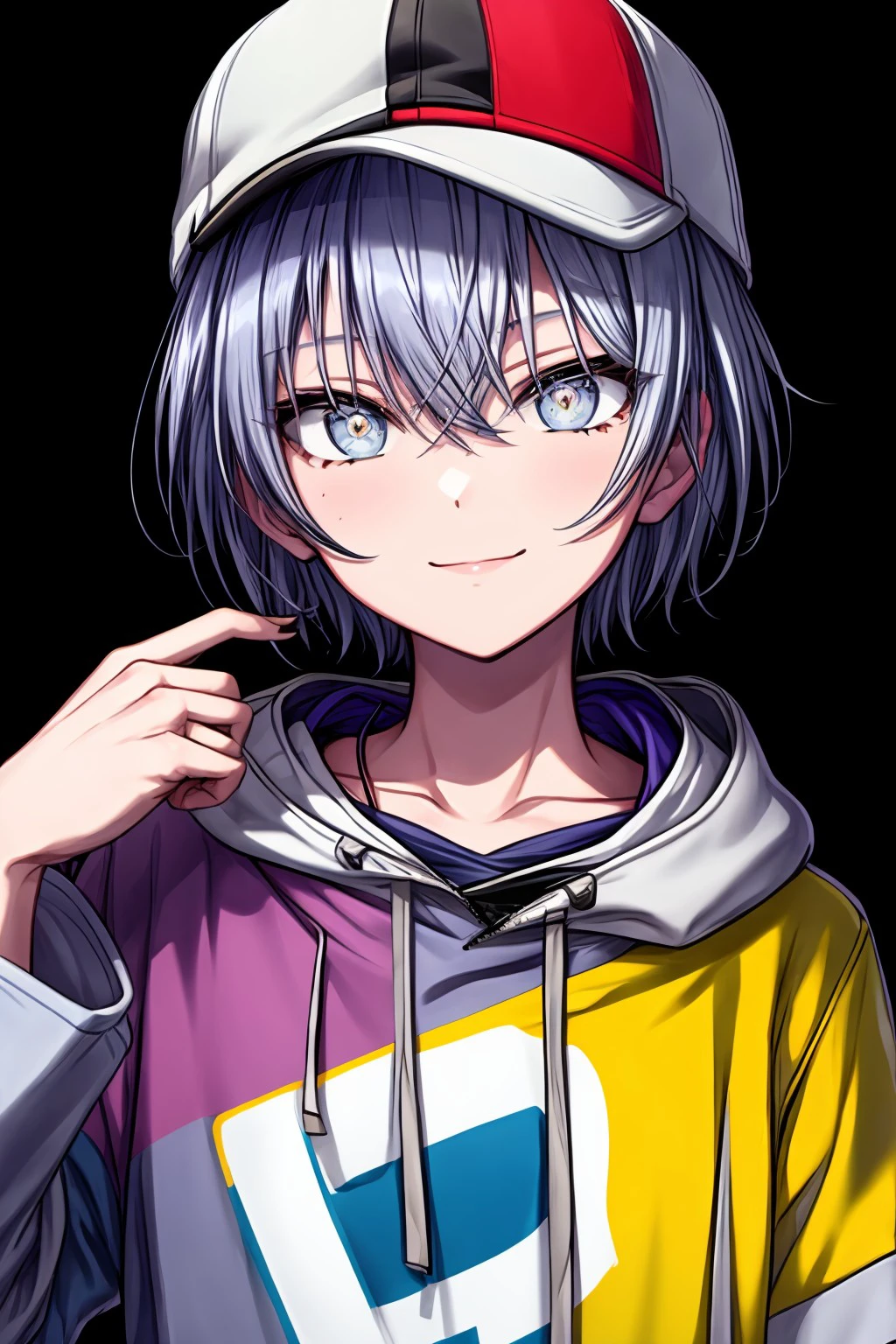 (masterpiece), best quality, expressive eyes, perfect face, toya, looking at viewer, smile,  shirt, hat, closed mouth, jacket, upper body, short sleeves, hood, hoodie, hood down, baseball cap, multicolored clothes, drawstring, layered sleeves, short over long sleeves, multicolored jacket, backwards hat, <lora:08a29a0d-24a5-4c80-9eec-7c880dc8da88:0.7>, <lora:more_details:0.7>