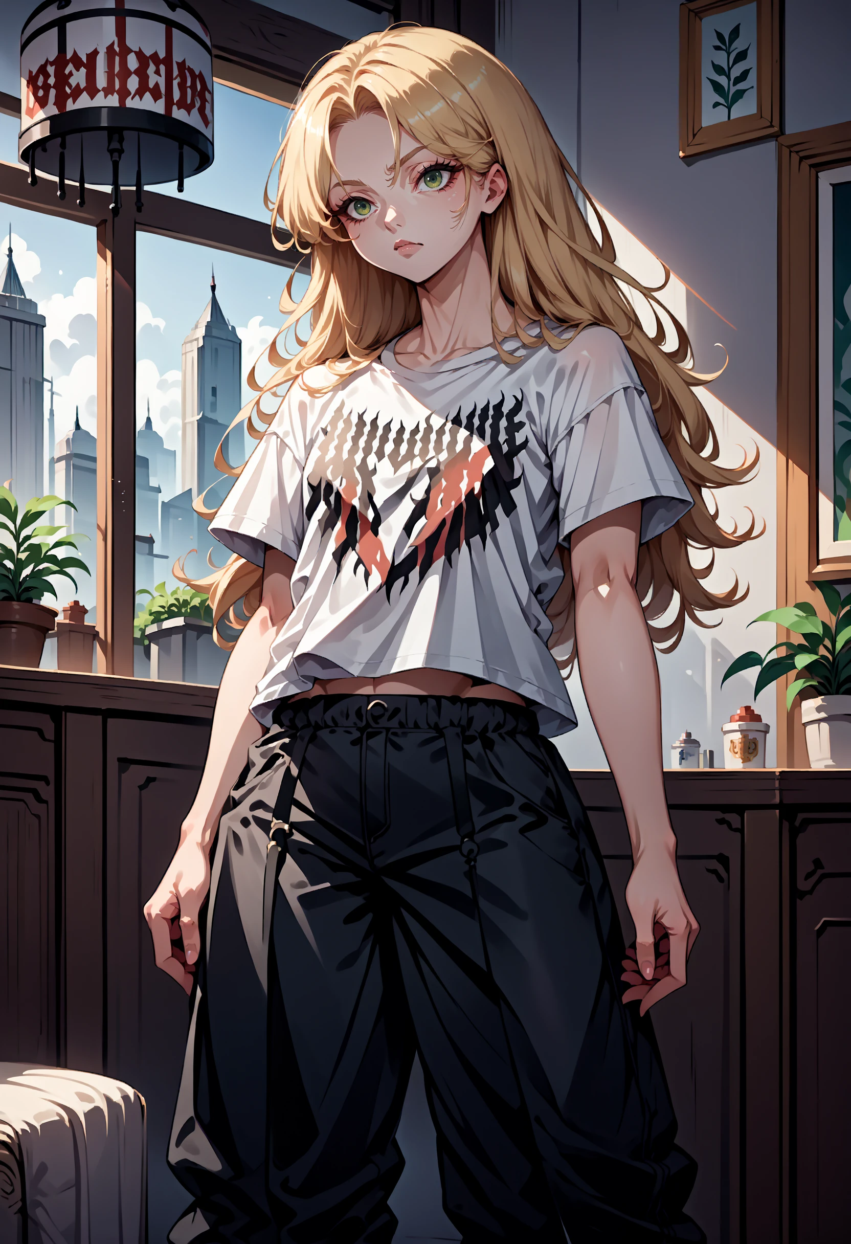 score_9, score_8_up,score_7_up, source_anime, rating_safe, 1girl, solo, <lora:EPblackmetalprint:1>, EPblackmetalprint, wearing EPblackmetalprint, white t-shirt, black pants, black shorts, baggy pants, 1girl, green eyes, blonde hair, straight hair, long hair, indoors, standing