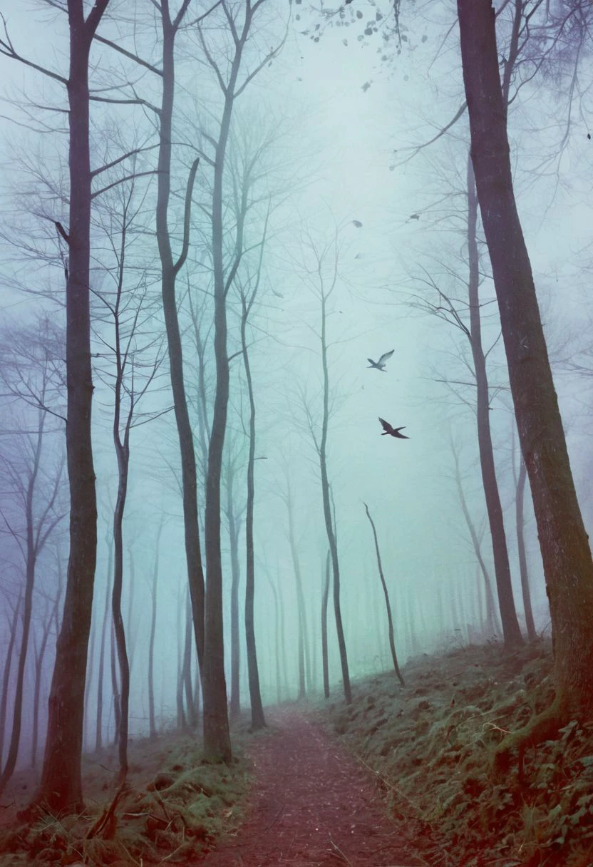 soaked_mundwasser, instagramphoto, a foggy forrest somewhere in europe with some birds in the sky, soft shadows, filmgrain