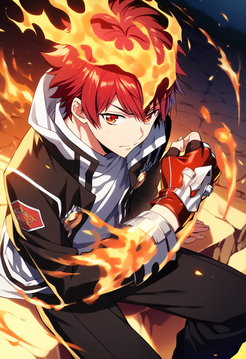 score_9, score_8_up, score_7_up, score_6_up, highly detailed, masterpiece, best quality,detailed,intricate details, amazing quality, best aesthetic, absurdres,source_anime,,fire, gloves, sitting, jacket, fingerless gloves, enma_hyper, fire on head, red hair, red eyes, fire on hands<lora:EMS-391989-EMS:0.800000>