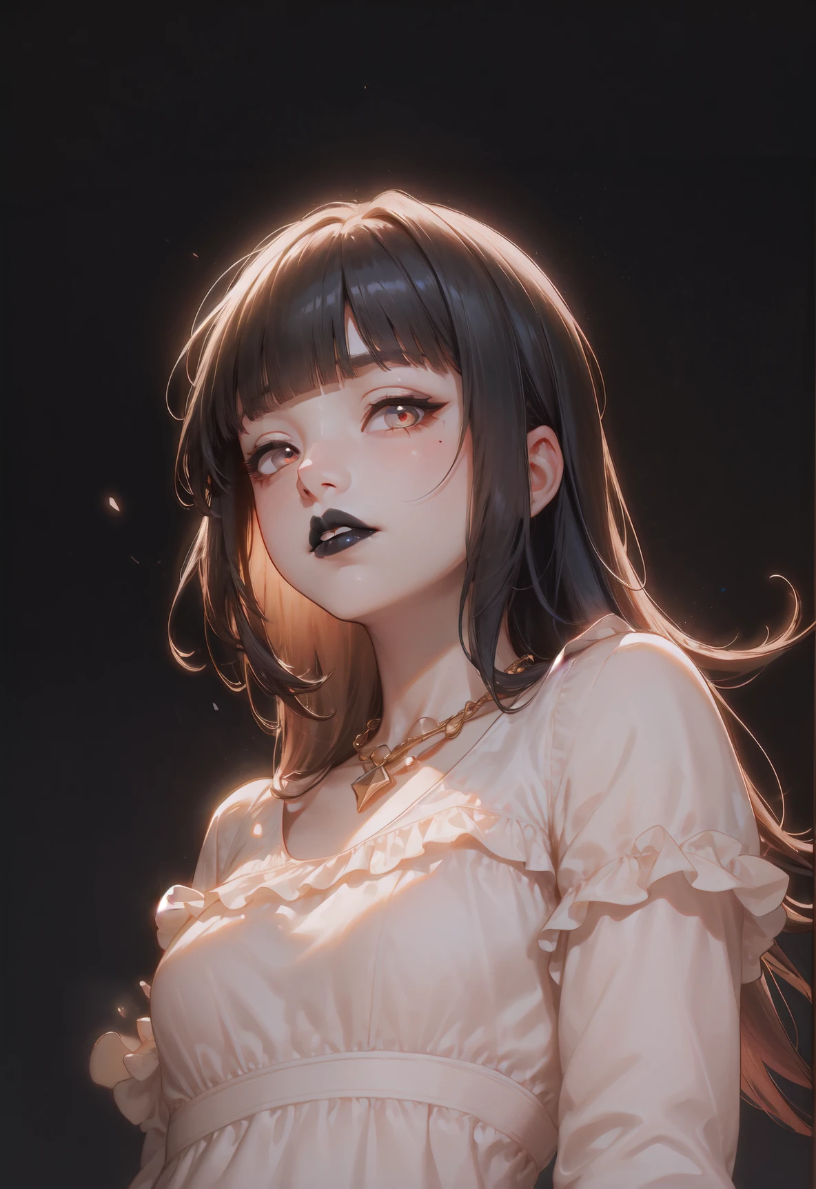 1girl, pale skin, looking at viewer, hime cut,blunt bangs, black lips, dark background, long hair, black hair, frilled white dress, upper body, necklace, from below, looking down, white puffy dress, long sleeves,