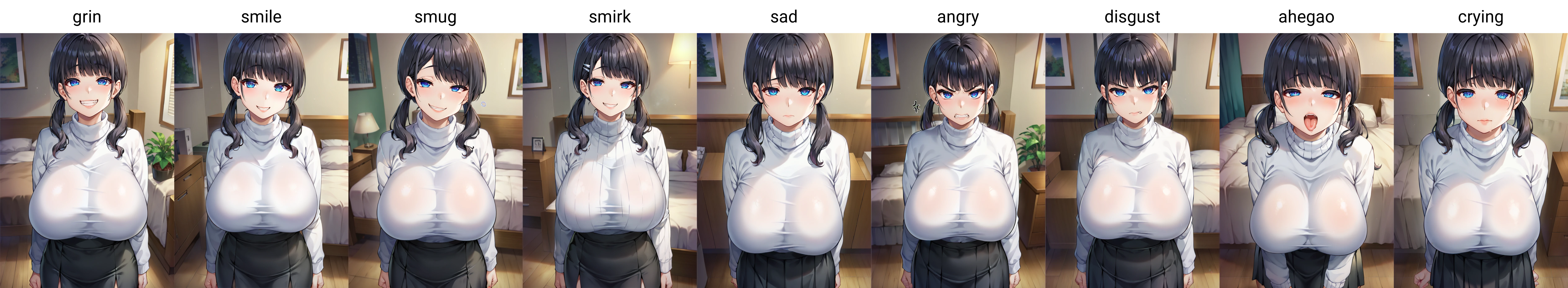 score_9, score_7_up, 1girl,blue eyes,twintails, black hair, turtleneck sweater, white sweater, black skirt, grin,looking at viewer, from front, bedroom, standing, huge breasts <lora:hijiri_tsukasa-Style-PonyXL-Dora-000031:1>