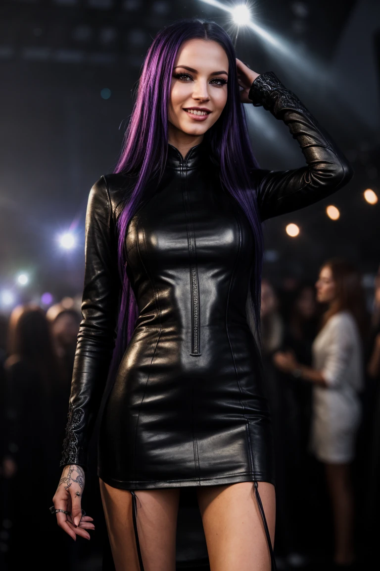 (Amateur Shot:1.3) Tower13_EvilBetty (skinny, slim, long legs:1.4) ((Photo Focus, DOF, Aperture, insanely detailed and intricate, character, hypermaximalist, hyper realistic, super detailed, (lens flare)))  (Leather Dress:1.4) (partying inside of a moshpit:1.3) (smile:1.3) <lora:exposure_control_v10:-0.2>  <lora:more_details:0.37>
