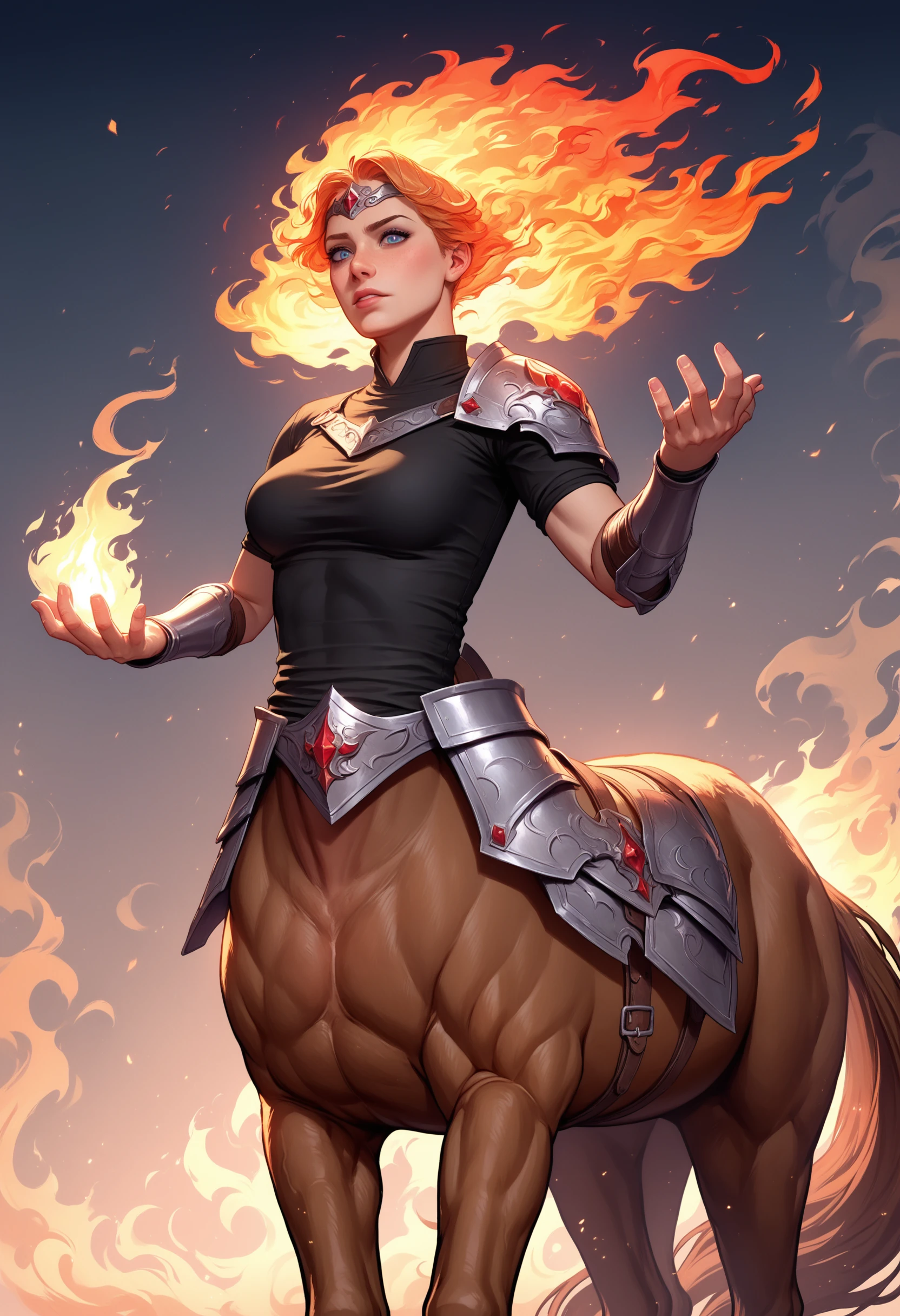 f1r3elemental style, 1girl, horse focus, centaur, An ethereal fantasy scene of an angelic fire elemental centaur, fantasy armor, black shirt, fire, flames, on fire, BREAK zPDXL , <lora:END-Fire_Elemental_Style:0.8>