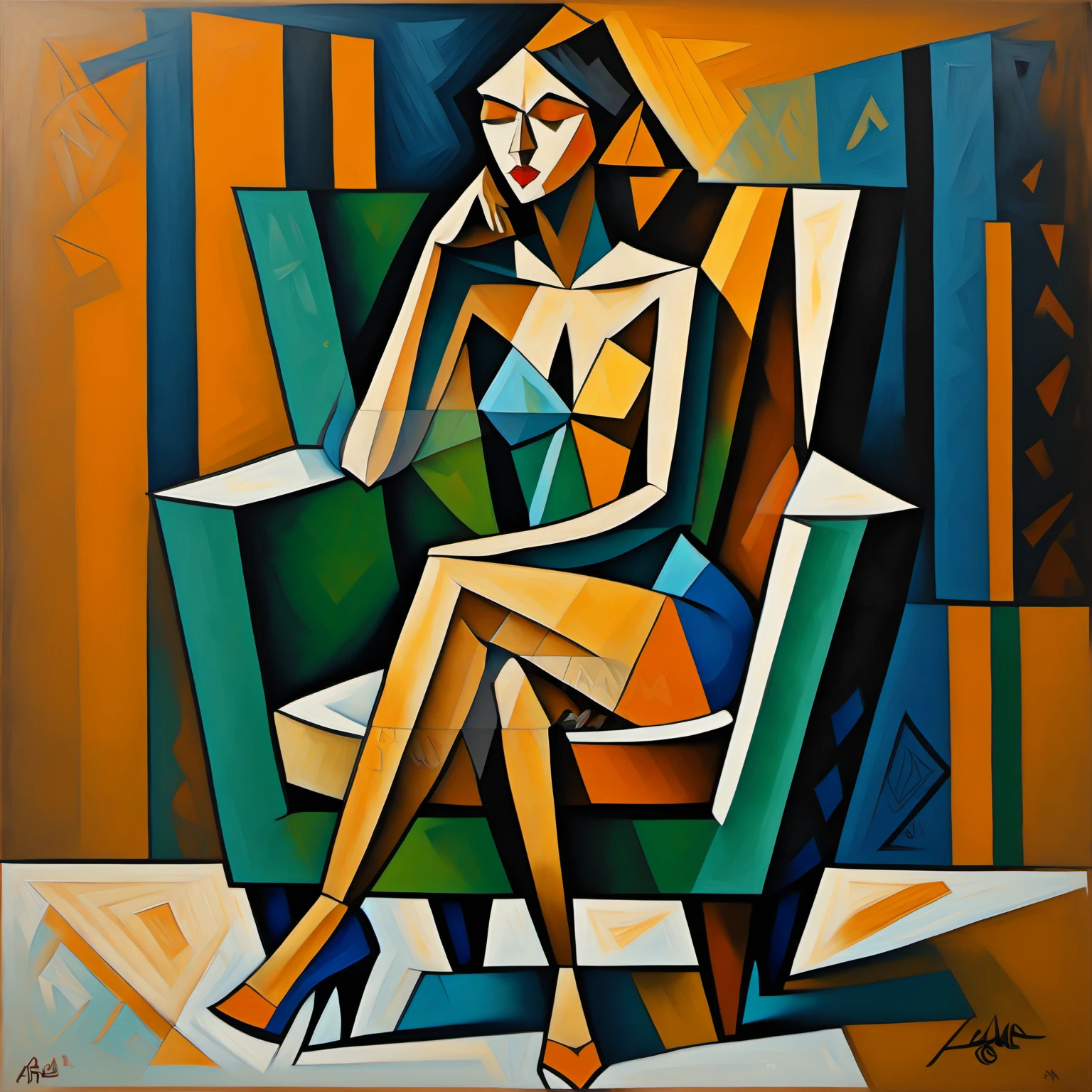 cubsimart, painting, girl, sitting on chair, full body, closed eyes, signature, high heels, watermark, crossed legs,<lora:CubismArt:1>