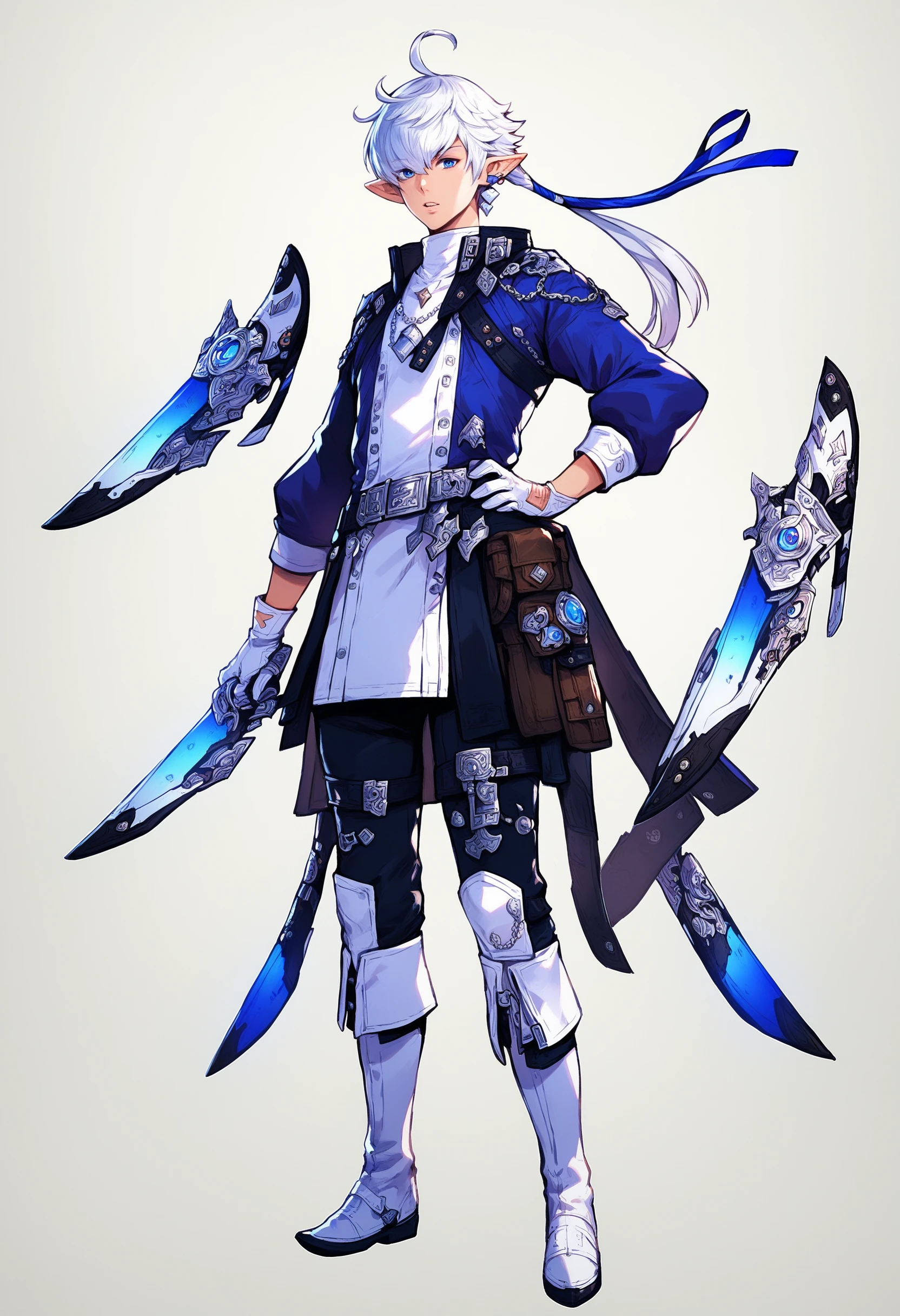 Alphinaud, long hair, looking at viewer, blue eyes, shirt, gloves, long sleeves, ribbon, jewelry, single earring, pouch, belt pouch, blue coat, white shirt, ahoge, boots, parted lips, belt, pants, white gloves, necklace, coat, hand on hip, black pants, white footwear, knee boots, blue ribbon, earclip, weapon, floating, floating object, floating weapon, simple background, white background, standing, full body, specular highlights, zPDXL , <lora:Alphinaud_FFXIV:1>