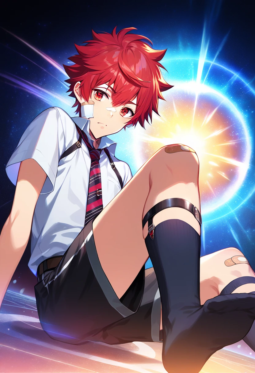 score_9, score_8_up, score_7_up, score_6_up, highly detailed, masterpiece, best quality,detailed,intricate details, amazing quality, best aesthetic, absurdres,source_anime,enma kozato, red hair, red eyes, 1boy, male focus, necktie,socks, bandaid on face, bandaid on leg, shorts<lora:EMS-391989-EMS:0.800000>