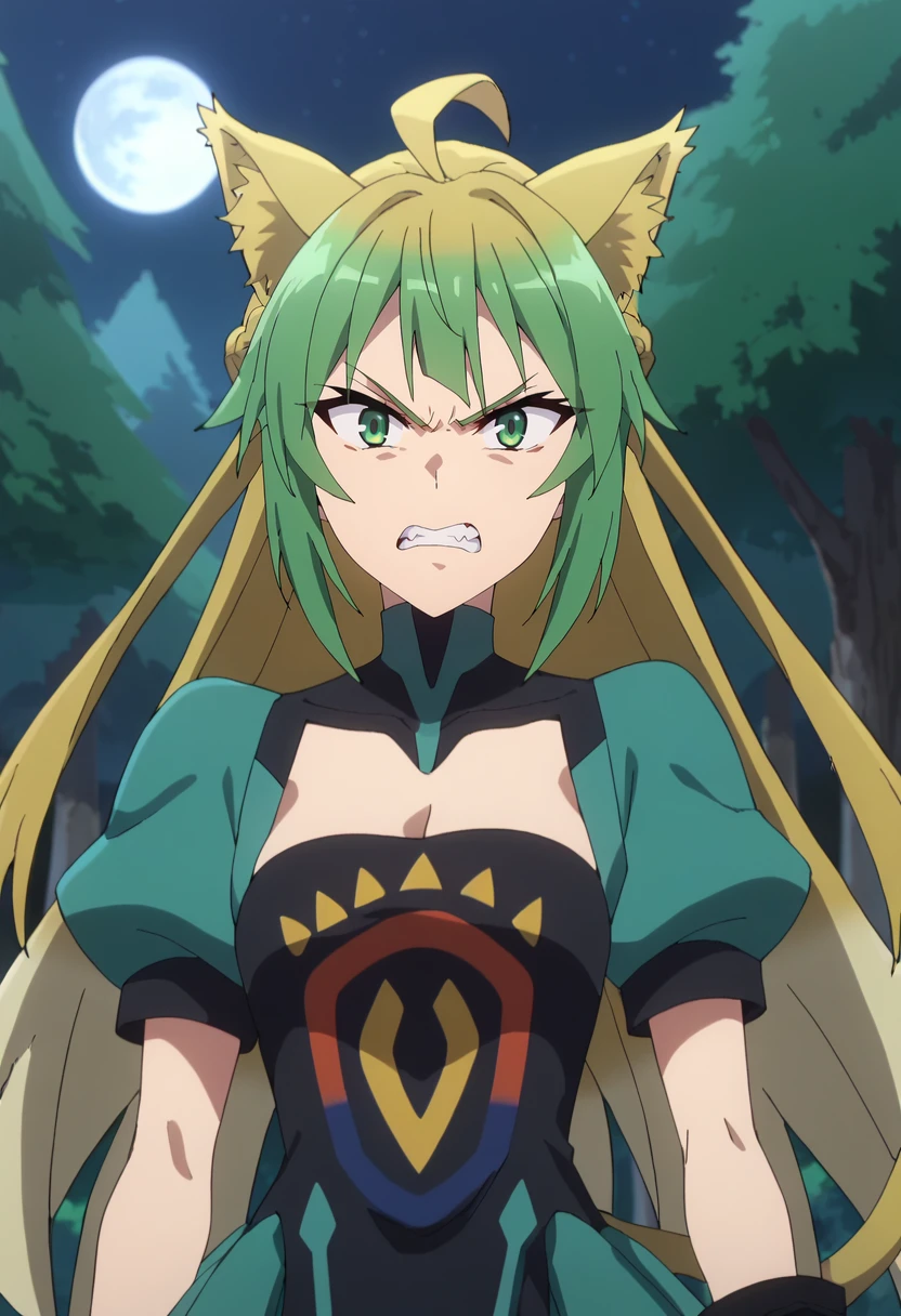 score_9, score_8_up, score_7_up, source_anime, anime screencap,
<lora:FateApocrypha_AtalantaXL:0.8>, AtalantaFA,
1girl, angry, clenched teeth,
multicolored hair, long hair, green eyes, ahoge, cat ears, cat tail,
multicolored dress, green dress, black dress, print dress, puffy short sleeves, cleavage cutout, gloves,
standing, looking at the viewer, upper body,
outdoors, forest, night sky, moon