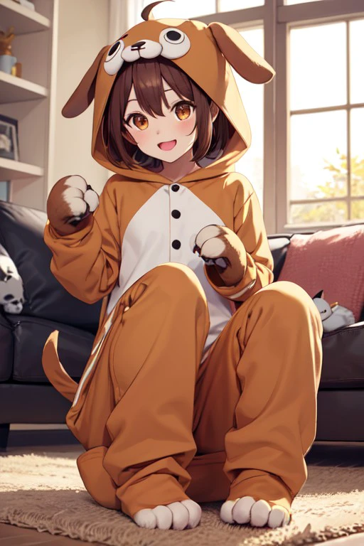 dog costume, brown eyes, brown hair, gloves, animal hands, long sleeves, pajamas, ahoge, :d, sitting, full body, <lora:02768be6-7015-4ba2-97f3-69ab523e5261:0.7>