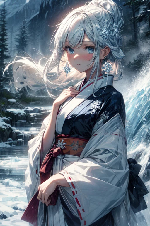 1 anime girl, solo, 1girl, elegant girl, cold and indifferent expression, white hair, icy blue eyes, icy miko clothes, bleu miko kimono, long hair, ofuda on the fronthead, little snowflake earrings, snowflake hair ornament, snowy mountain background with frozen waterfall, masterpiece, best-quality,