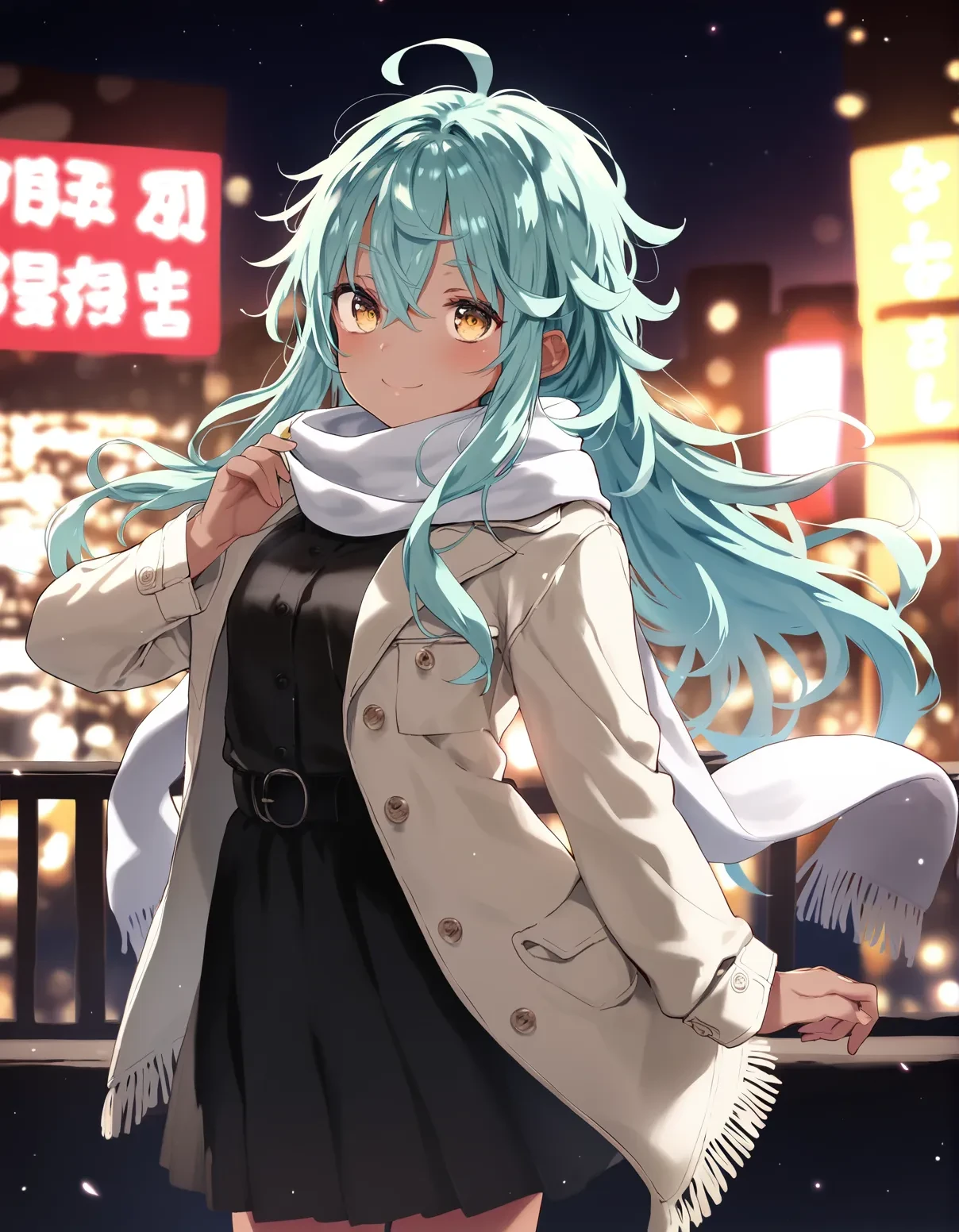 score_9, score_8_up, score_7_up, score_6_up,score_5_up,score_4_up, rating_safe, a girl , dress shirt, city lights,
dark-skinned female, dark skin long hair, yellow eyes, scarf, smile, green hair, scarf,, blush, standing, white scarf, aqua hair, messy hair
<lora:mochi_circle_rin_style_pony6_v1-000036:.9>