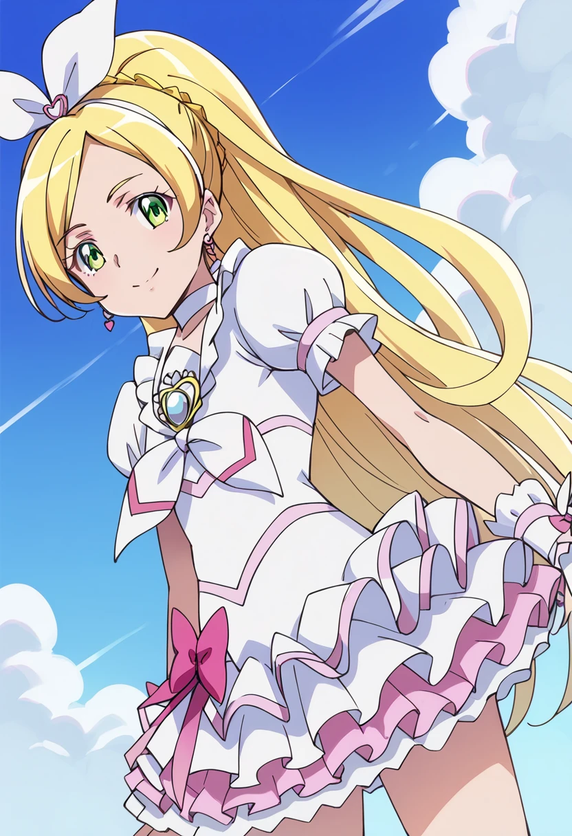 score_9, score_8_up, score_7_up, source_anime BREAK
cure rhythm, 1girl, blonde hair, solo, green eyes, white choker, earrings, brooch, ponytail, hair ribbon, wrist cuffs, cloud, day, white dress, eyelashes, blue sky, looking at viewer, cowboy shot, hair bow, earrings, smile, hairband, white bow, white skirt, closed mouth, blue background, standing, hair ornament, white ribbon, white neckwear, very long hair, frilled skirt, pink bow, layered skirt, puffy short sleeves, frilled dress, layered dress, outdoors, smile, from side, french braid
<lora:cure_rhythm_minamino_kanade_sdxl_locon_pony_v1:0.7>