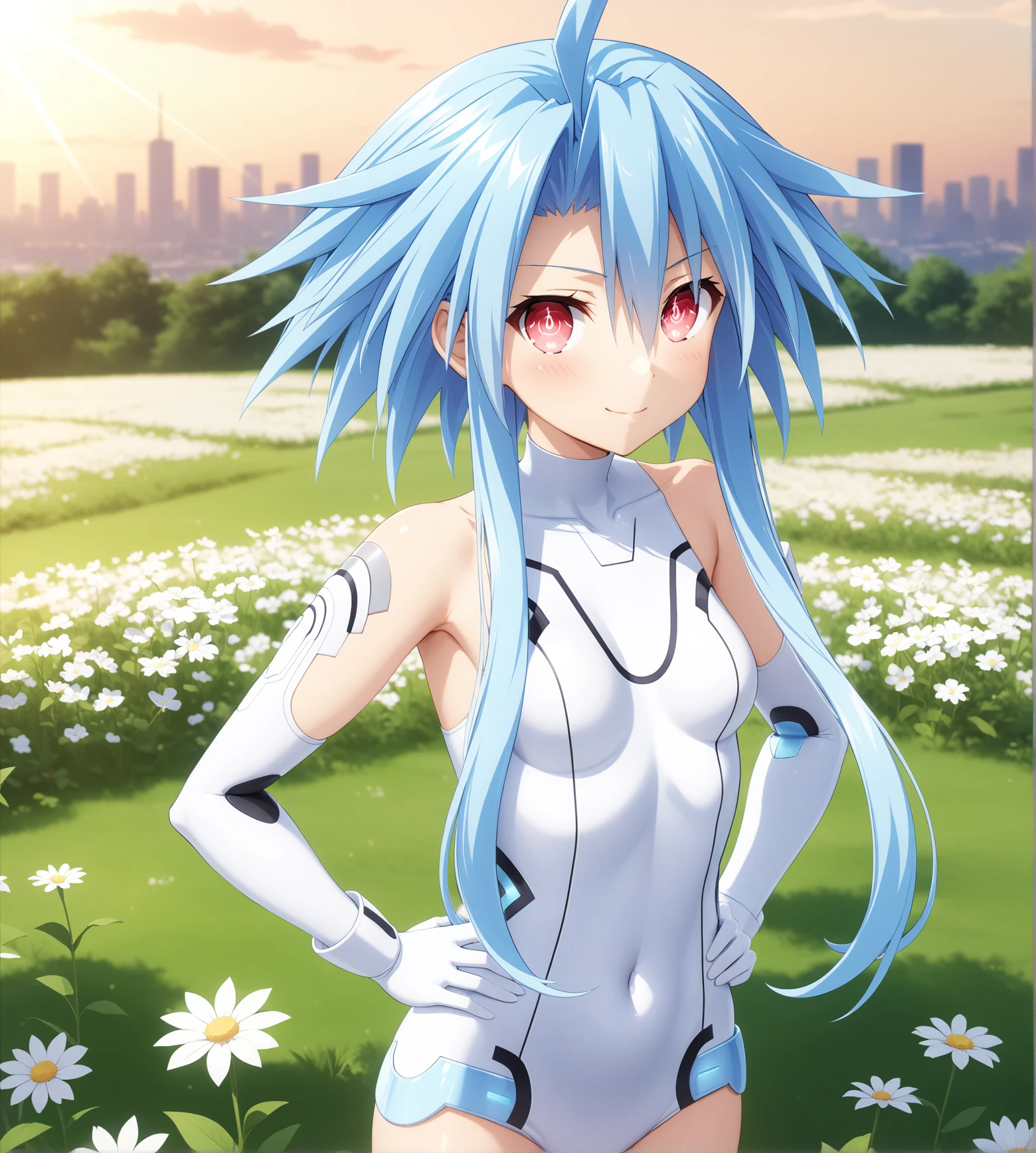 masterpiece, best quality, very aesthetic, ultra detailed, intricate details, 4k, anime style,
aiwhiteheart, 1girl, solo, blush, smile, bangs, power symbol, symbol-shaped pupils, aqua eyes, red eyes, short hair, hair between eyes, blue hair, light blue hair, with long locks, breasts, medium breasts, small breasts, 
thighhighs, gloves, standing, ahoge, sidelocks, elbow gloves, white gloves, white thighhighs, leotard, covered navel, skin tight, white leotard, white heart \(neptunia\), 
standing, upper body, looking at viewer, hands on own hips, outdoors, grass, flowers, field, flower field, sunlight, sky, horizon, skyline, <lora:White_Heart_XL:1>