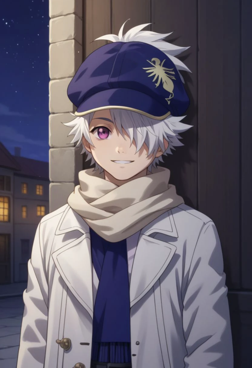 score_9, score_8_up, score_7_up, source_anime, highly detailed, 
lag, 1boy, solo, male focus, scarf, hair over one eye, hat, white hair, smile, purple eyes, coat,
outdoor, night sky,