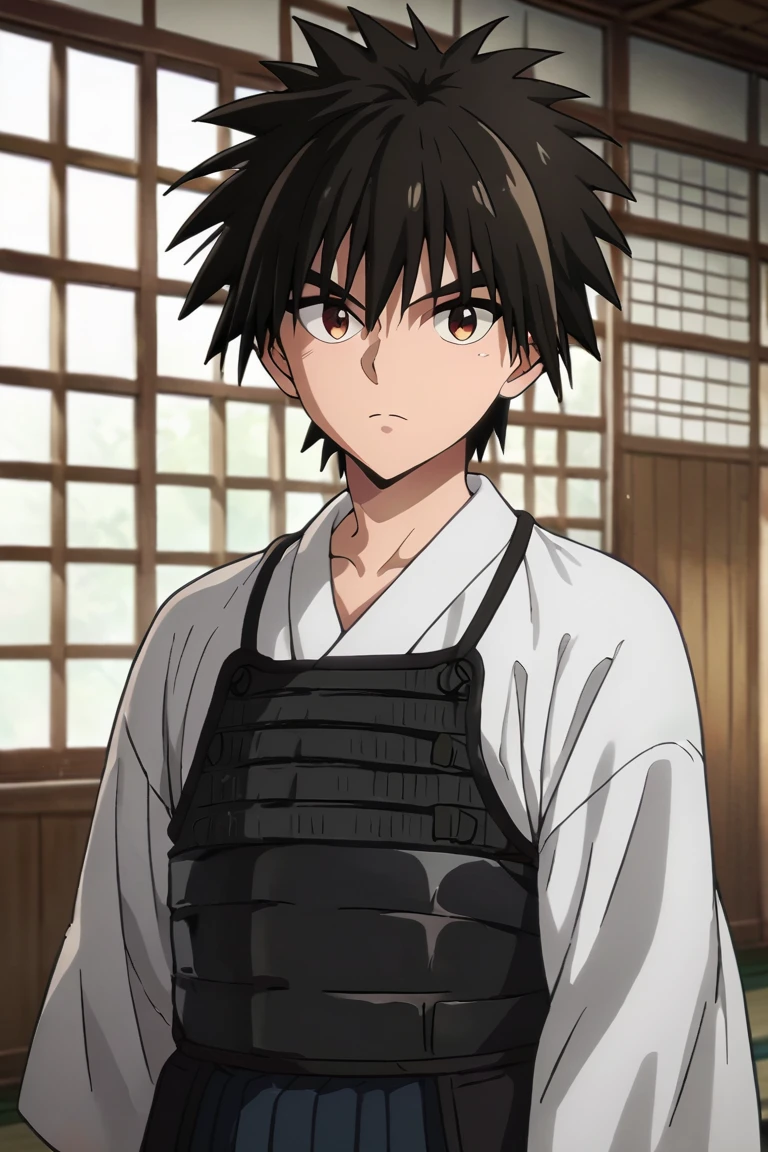 score_9,score_8_up,score_7_up,source_anime,1boy, solo,looking at viewer, indoors, day, Myojin Yahiko, black hair, brown eyes, spiked hair, japanese_clothes, japanese, upper body,dougi,armor,white kimono,hands_on_hips<lora:EMS-397784-EMS:0.800000>