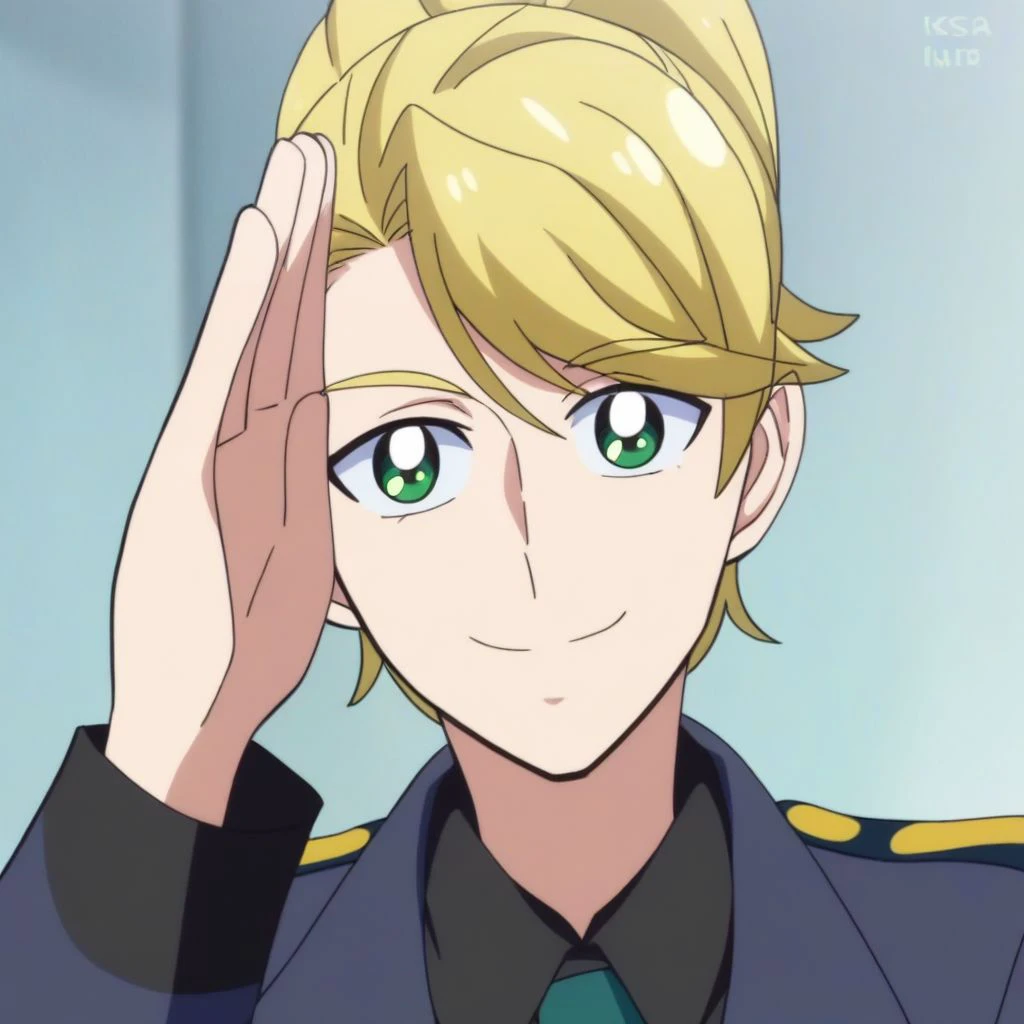 Solo, 1boy, male focus, blonde hair, green eyes, smile, collared shirt, black shirt, salute, ponytail, sidelocks