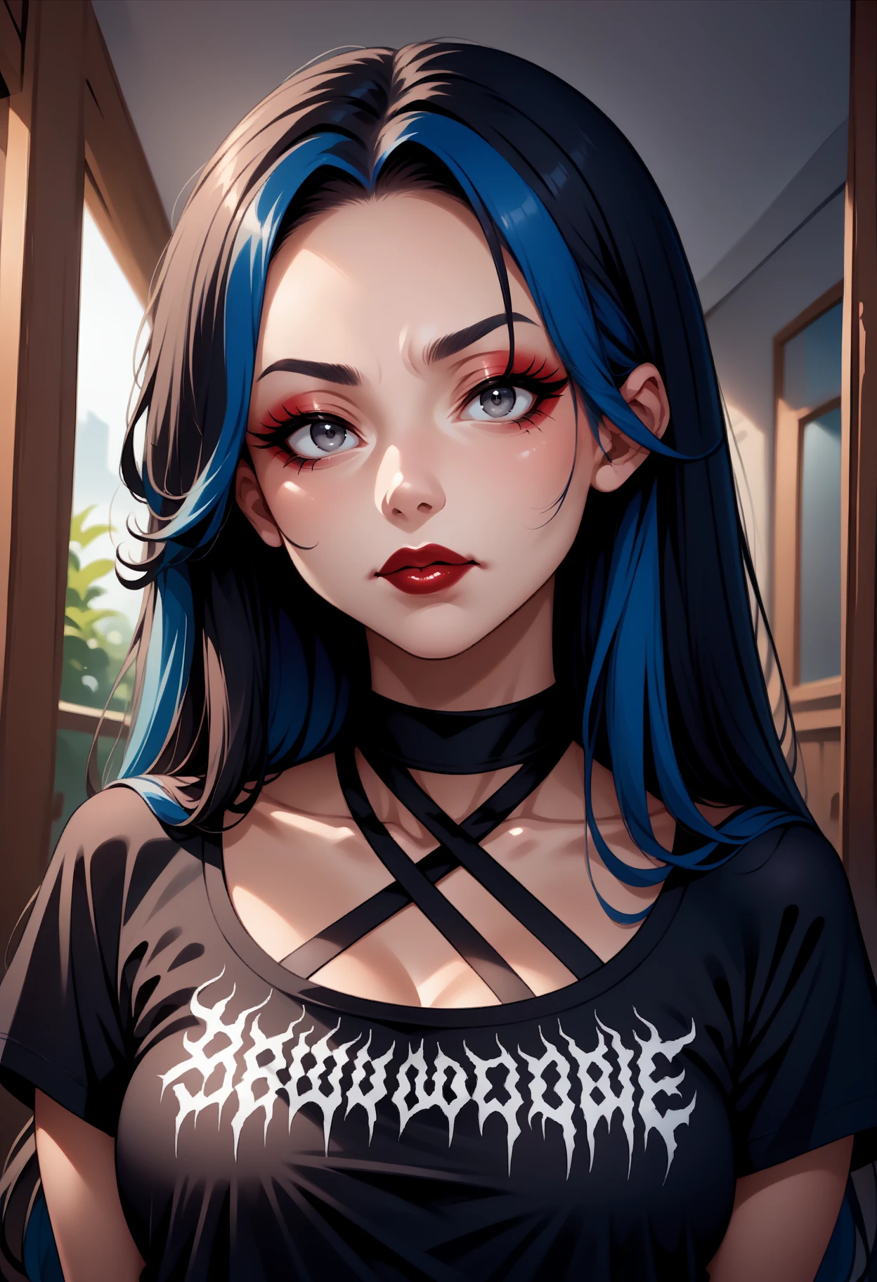 score_9, score_8_up,score_7_up, source_anime,1girl, solo, <lora:EPblackmetalprint:1>, EPblackmetalprint, wearing EPblackmetalprint, 1girl, blue hair, black hair, long hair, looking at viewer, red lips, print shirt, grey eyes, makeup, criss-cross halter, upper body, gothic, black shirt, lipstick, closed mouth, t-shirt, streaked hair