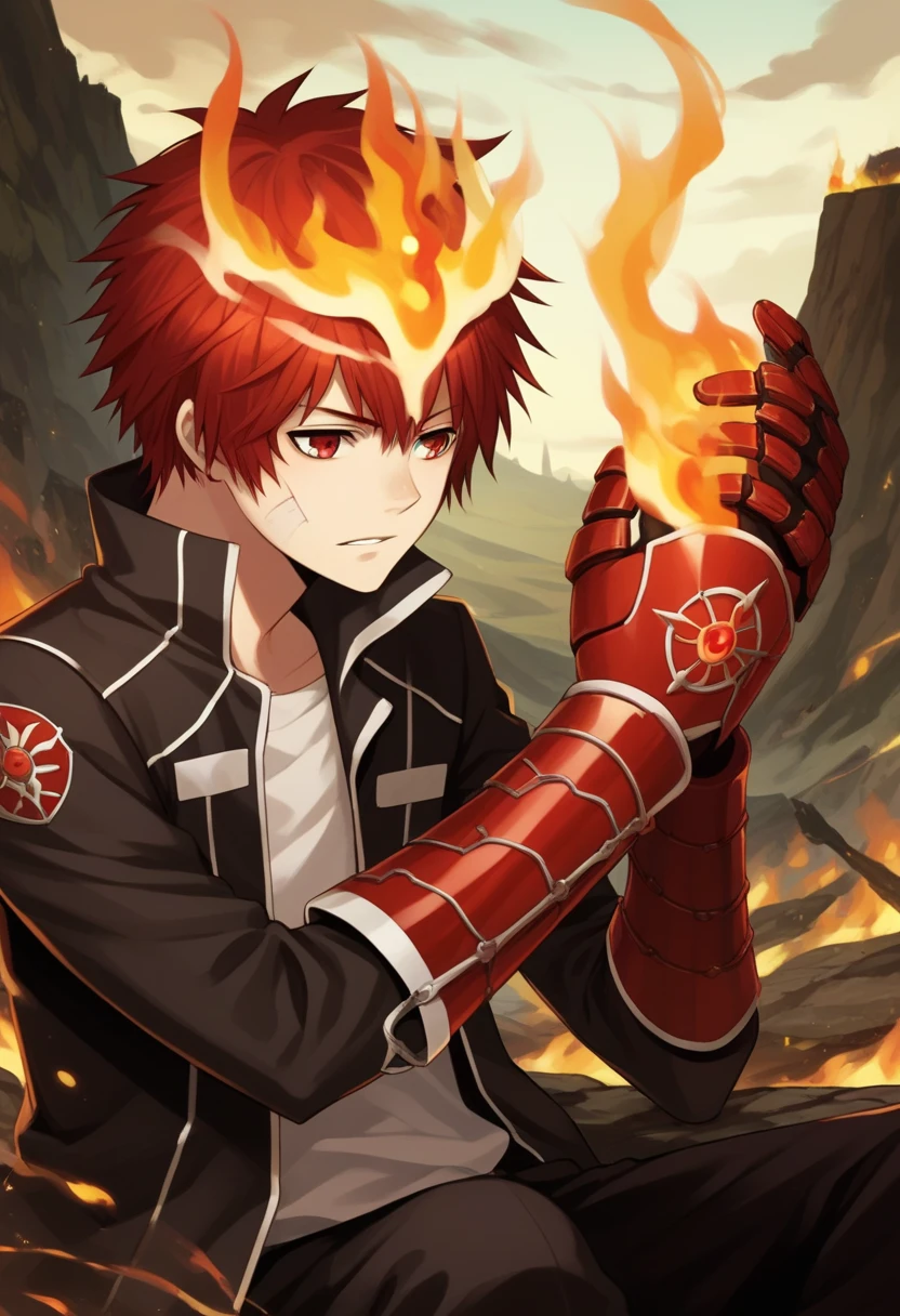 score_9, score_8_up, score_7_up, score_6_up, highly detailed, masterpiece, best quality,detailed,intricate details, amazing quality, best aesthetic, absurdres,source_anime,1boy,enma kozato, red hair, red eyes, 1boy,,,fire, gloves, sitting, jacket, fingerless gloves, enma_hyper, fire on head, red hair, red eyes, fire on hands<lora:EMS-391989-EMS:0.800000>