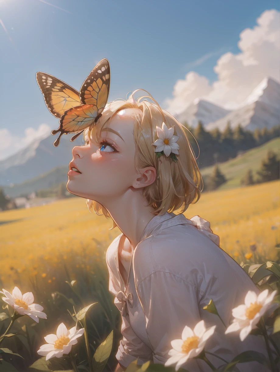 1girl, flower, bug, butterfly, outdoors, hair ornament, solo, hair flower, day, sky, short hair, looking up, blurry, sunlight, mountain, blonde hair, blurry background, field, cloud, upper body, parted lips, profile, blue sky, white flower, depth of field, from side, shirt, blue eyes, blush, white shirt