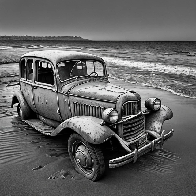 old car in beach, monochrome, greyscale, realistic,  <lora:bwLaser-000013:0.7>