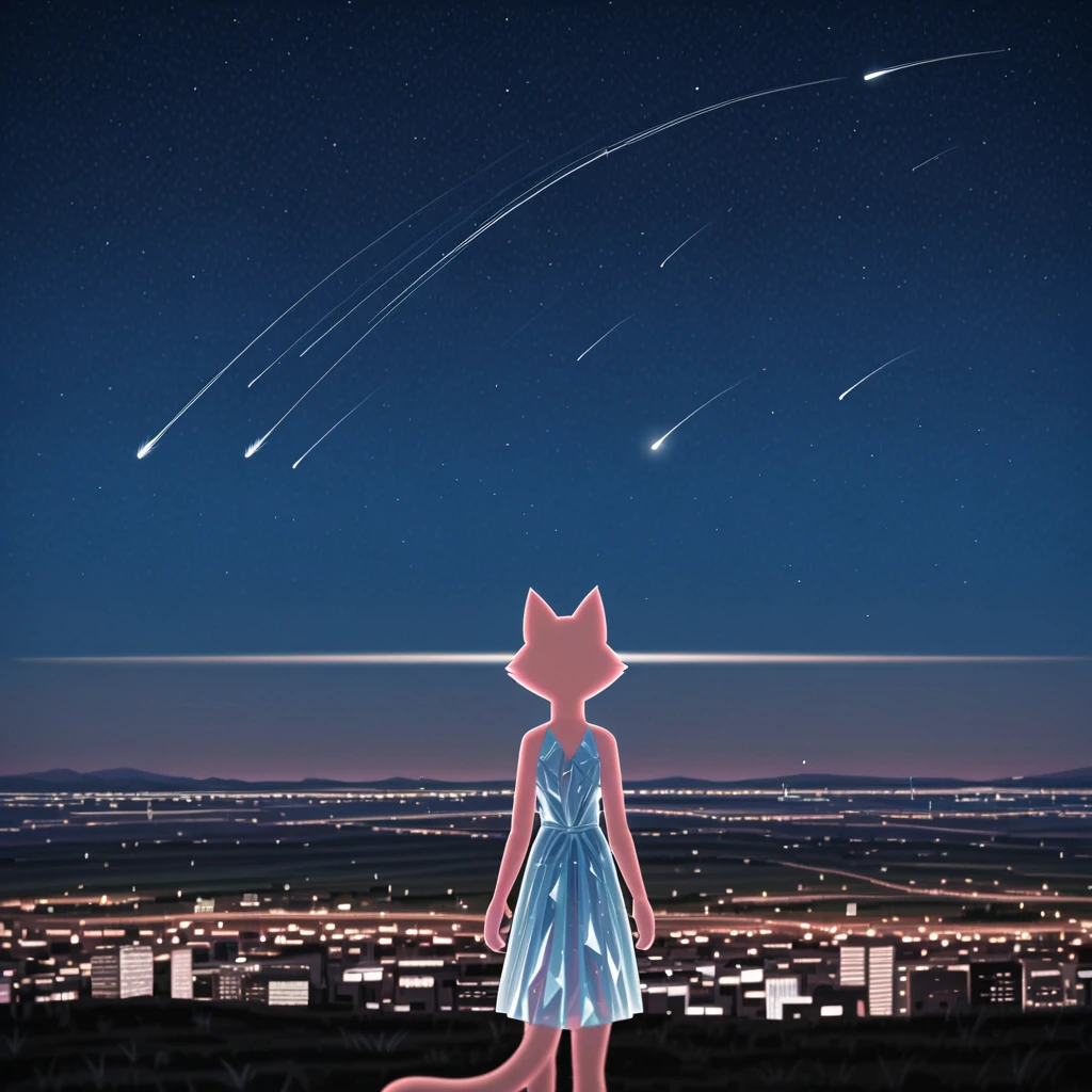 feline, shima_luan, <lora:ShimaPDXL:0.8>, score_9_up, furry female, landscape, city, lights, reflection, standing, in the middle, high quality, highres, absurdres, masterpiece, best quality, crystal, star \(sky\), afternoon, crystal dress, shooting star,