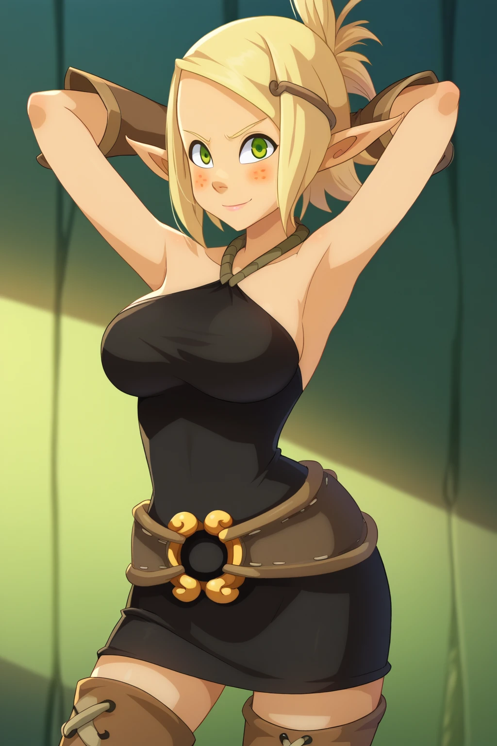 Score_9, score_8_up, score_7_up, 1girl, solo, large breasts,   <lora:Evangelyne:1> Evangelyne, pointy ears, green eyes, freckles, blonde hair, short hair, folded ponytail, gloves, bare shoulders, thigh boots, dress, hairclip, belt, zettai ryouiki, cowboy shot, halterneck, arms behind head, smile, closed mouth, blush, looking at viewer,